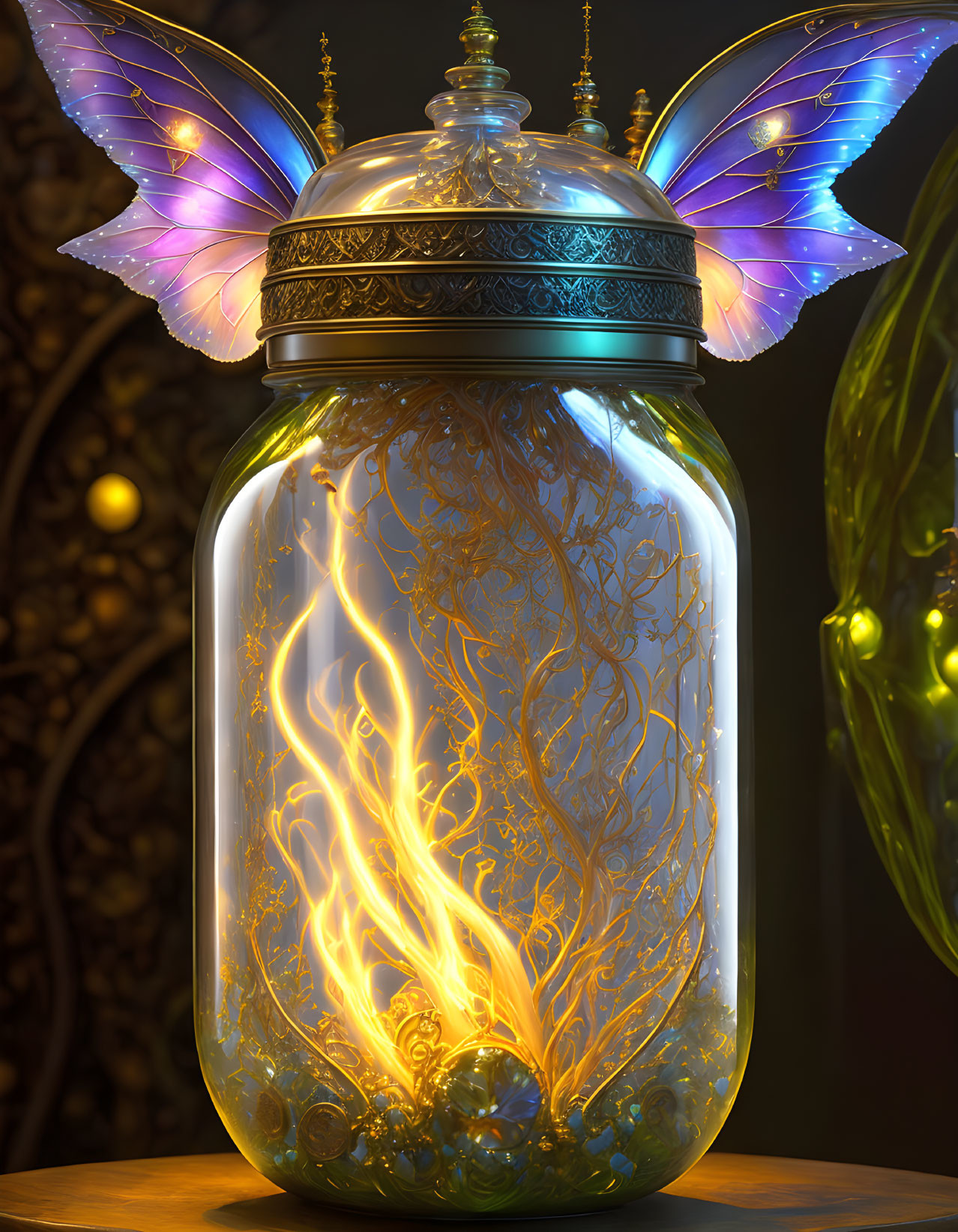 Fantasy-themed image: Glowing tree designs in glass jar with butterfly wings.