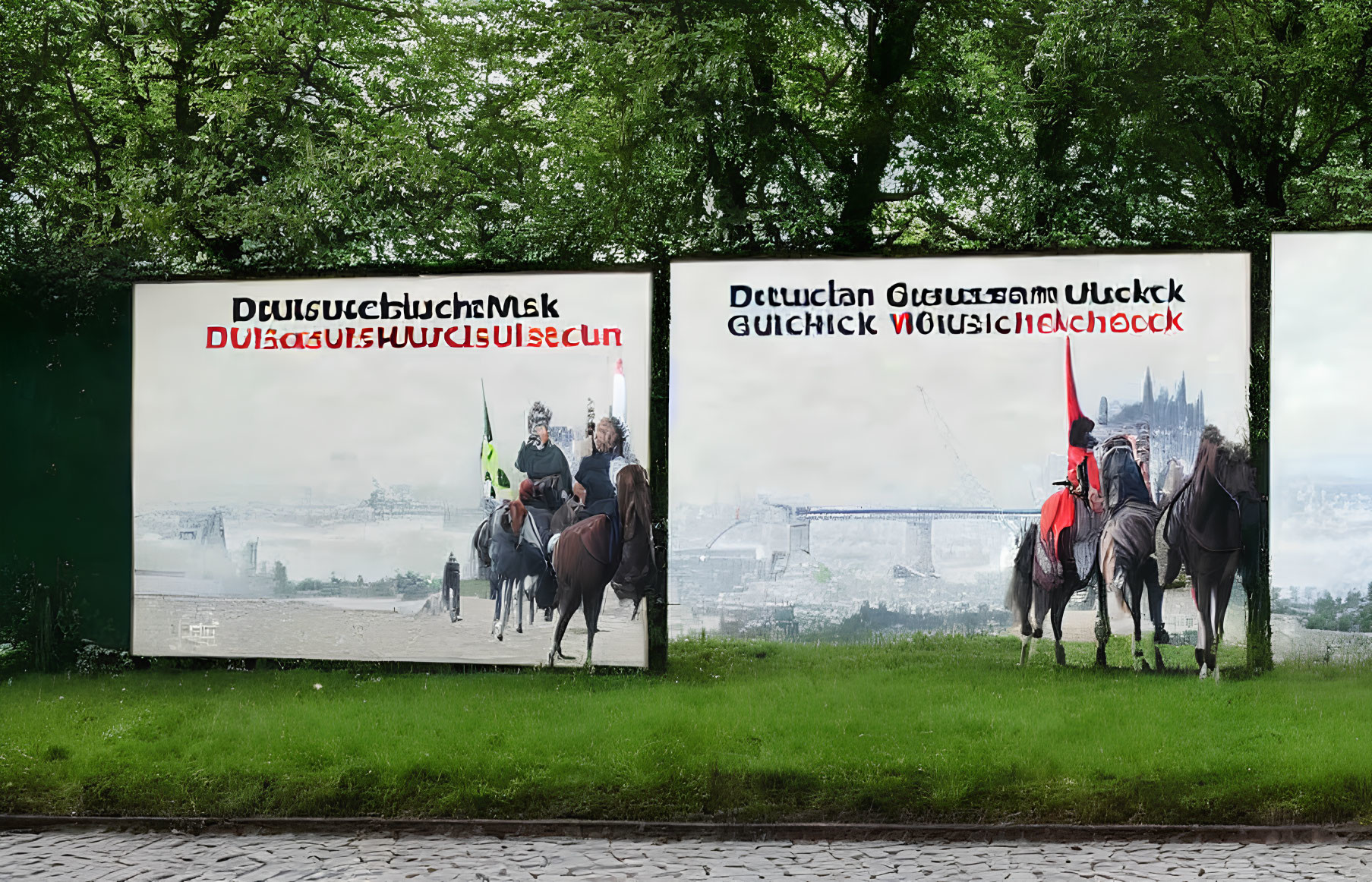 City park scene with riders on horseback, billboard, skyline, and bridge.