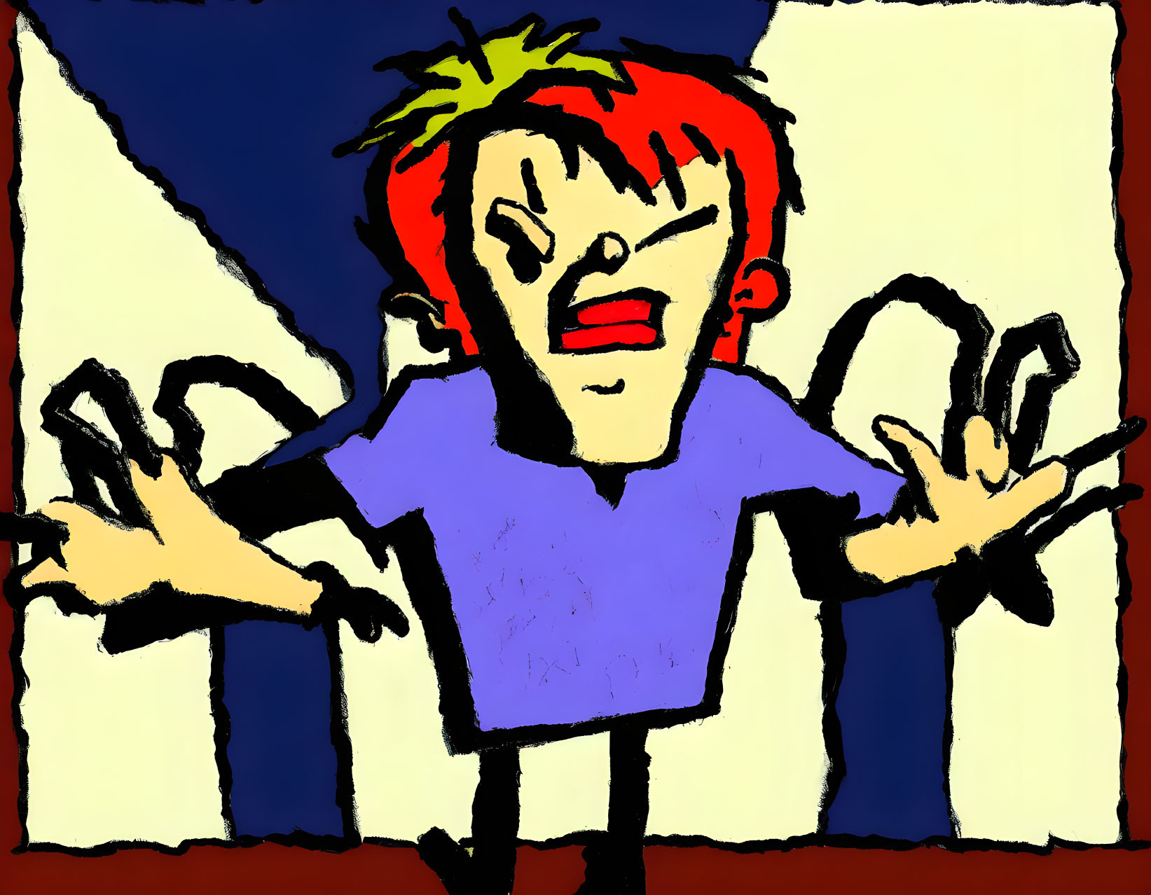 Cartoon-style drawing of person with spiky hair in blue shirt, surprised expression