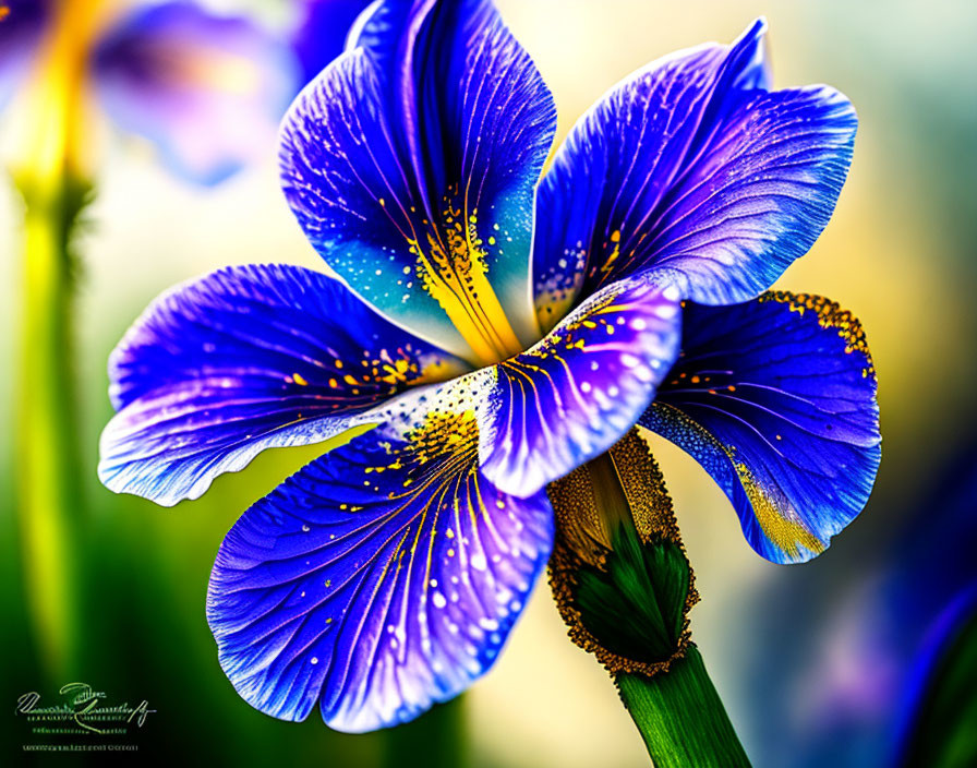 Colorful close-up of blue and purple iris flower with yellow speckles on blurred green and yellow