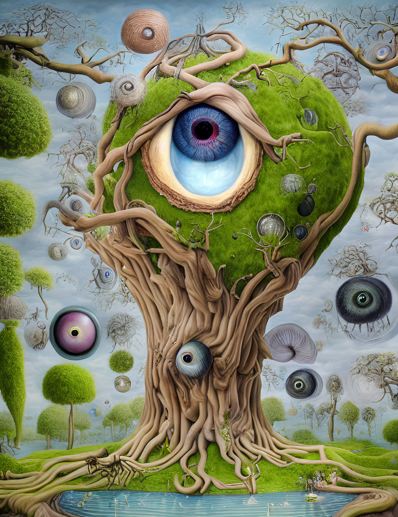 Surreal tree illustration with central blue eye and eye-shaped branches in whimsical landscape