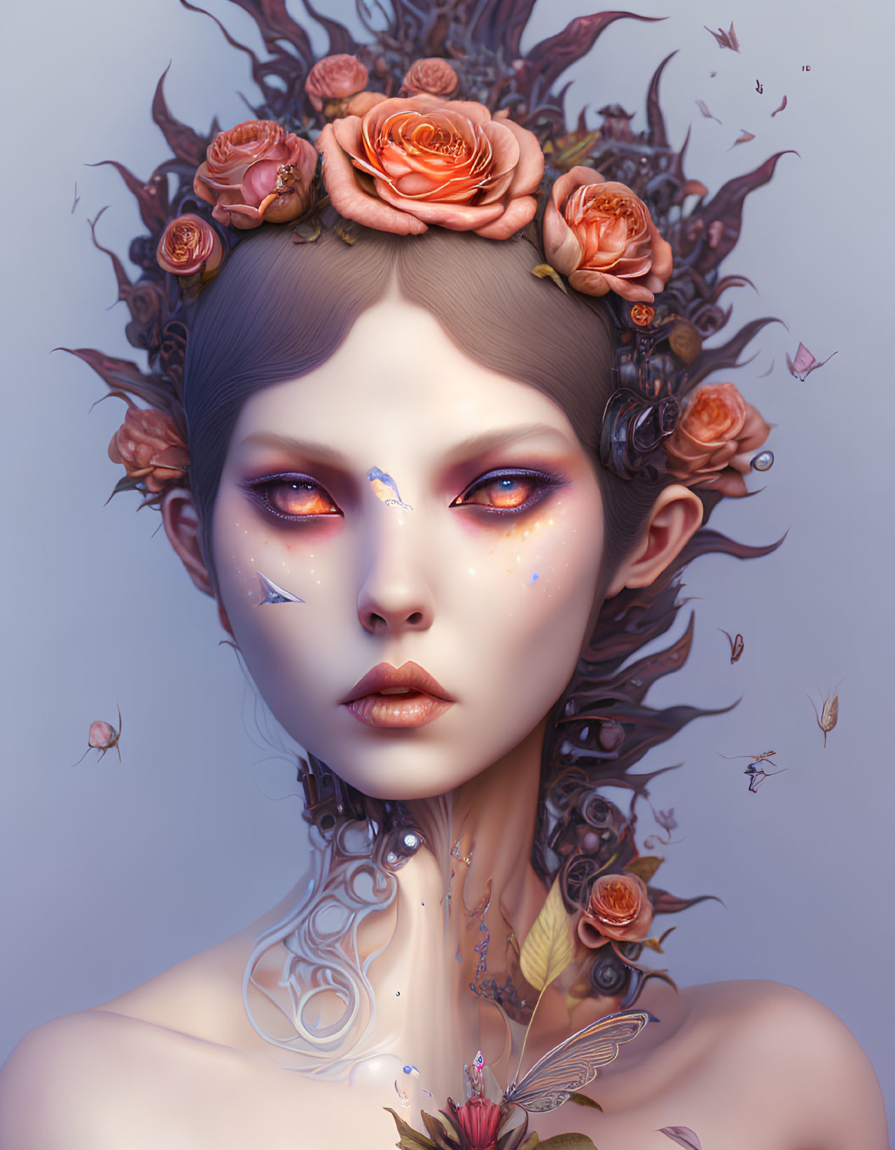 Fantasy Artwork Featuring Person with Floral Headgear and Purple Eyes