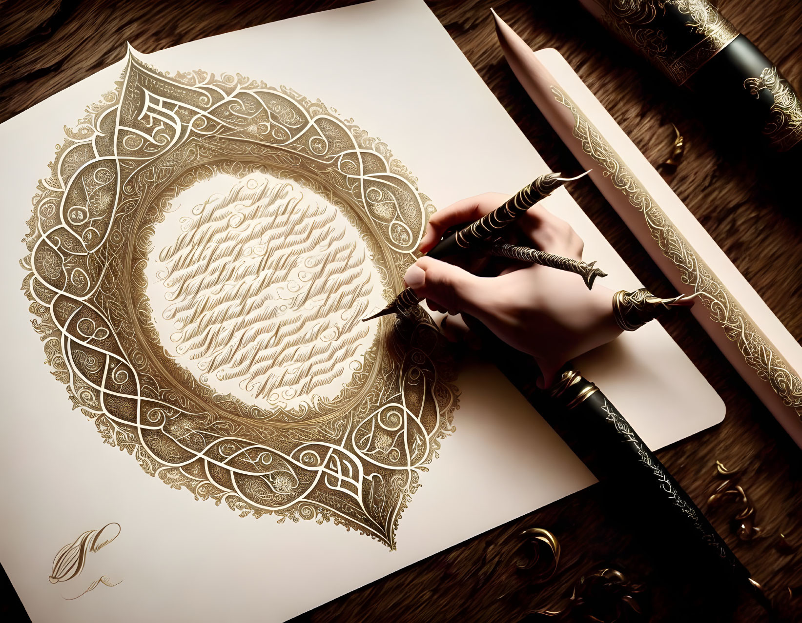 Hand holding quill creates calligraphy design with inkpot and seal on wooden surface