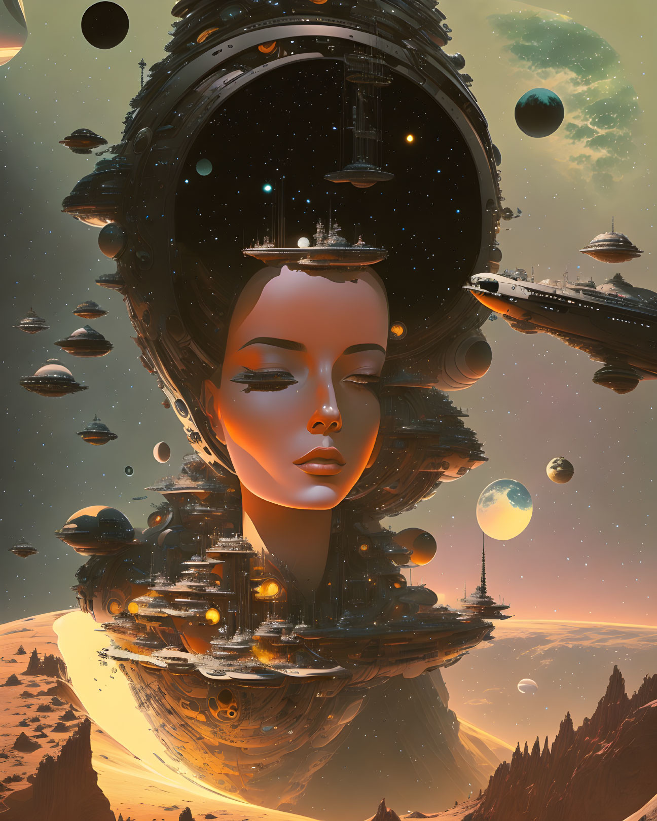 Woman's face merges with sci-fi space station in surreal artwork