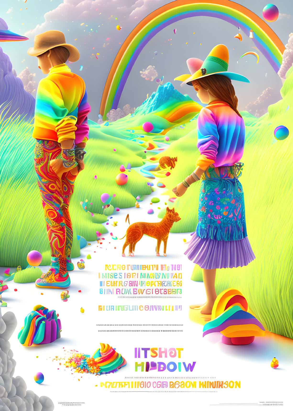 Colorful Psychedelic Landscape with Stylishly Dressed Individuals