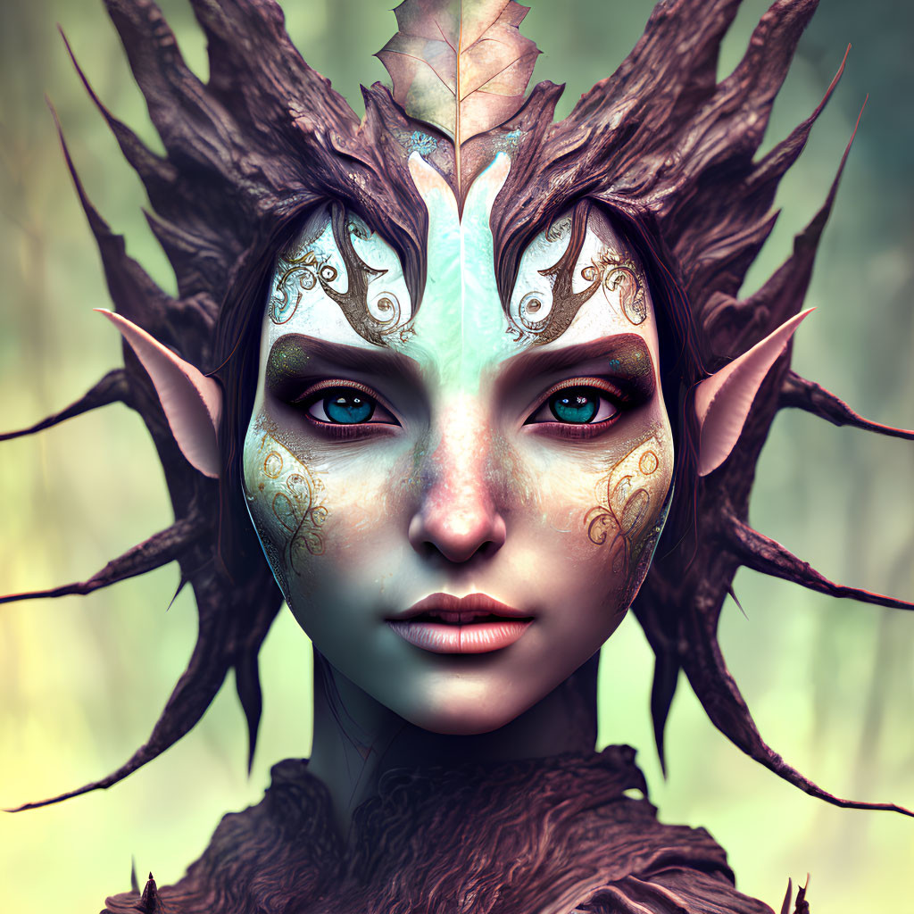 Fantasy elf with intricate markings and pointed ears in ethereal forest.