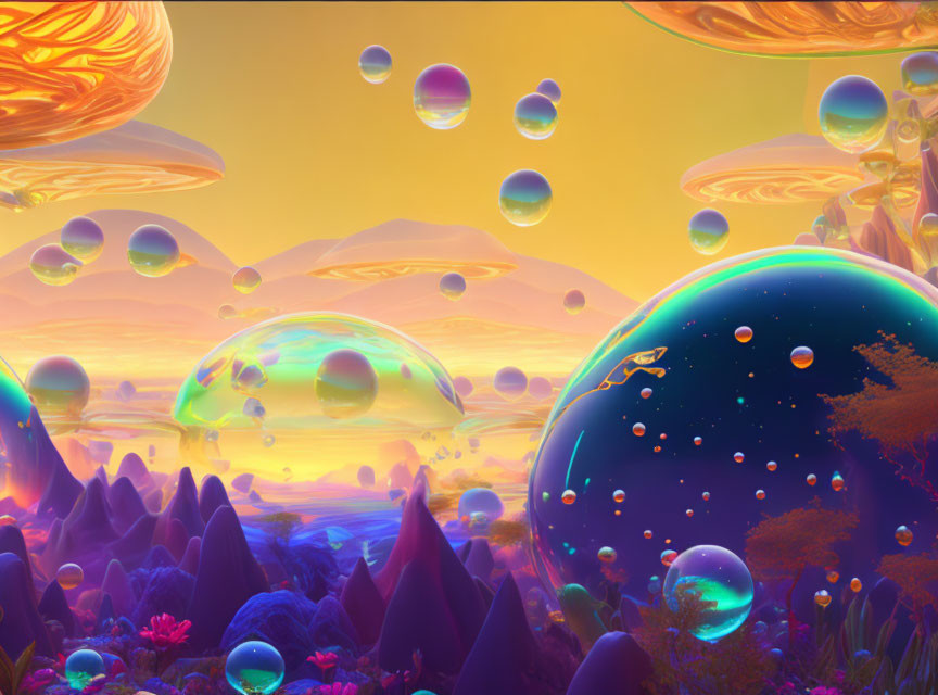 Colorful Alien Landscape with Floating Bubbles and Jellyfish-like Structures