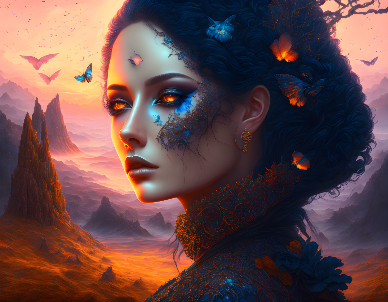 Digital artwork: Woman with blue butterflies, lace patterns, fiery landscape