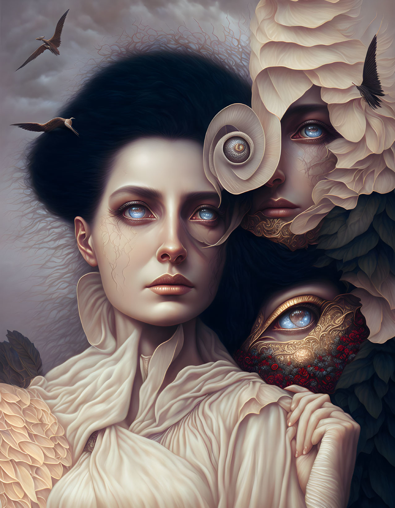 Surreal Artwork: Two Women, Floral Elements, Bird, Moody Earth Tones