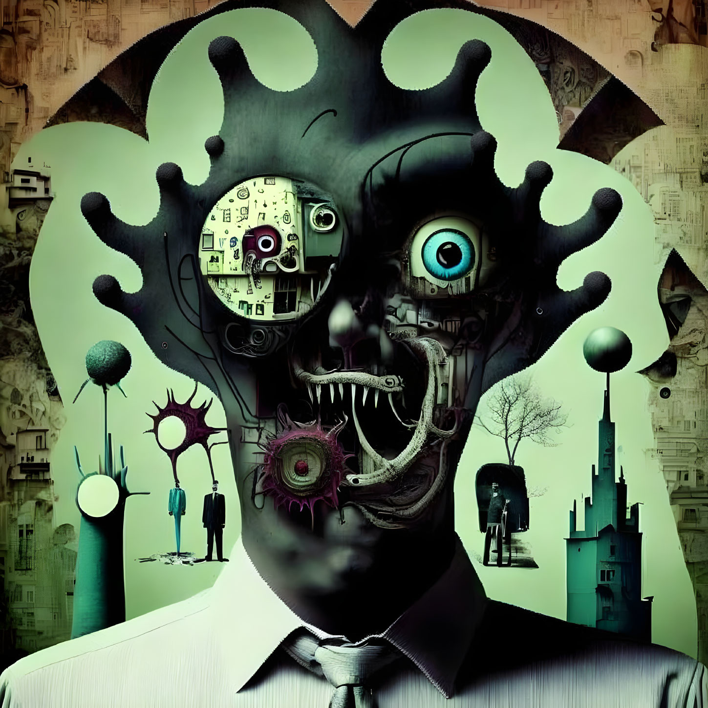 Surreal humanoid figure with chaotic head over abstract cityscape