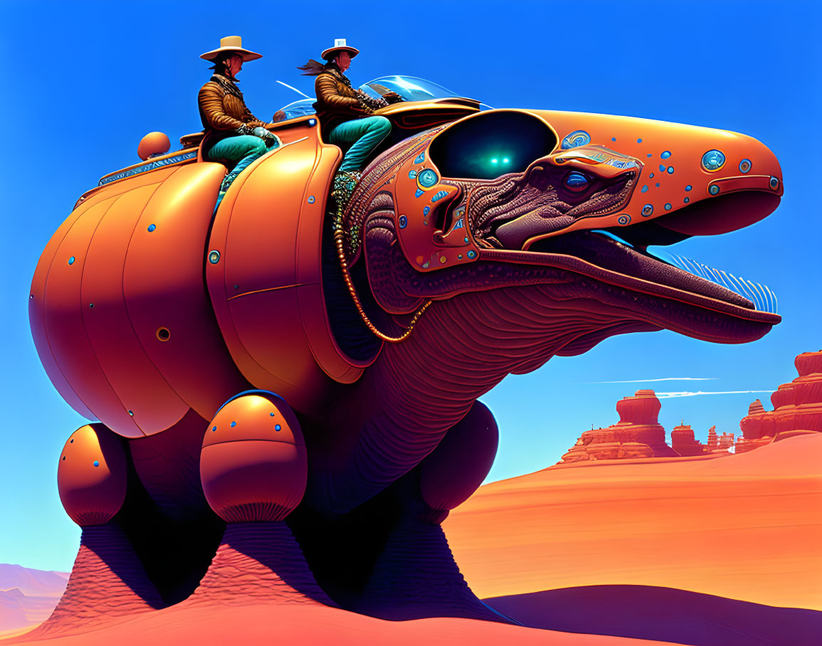 Cowboy-hat individuals ride futuristic lizard in desert landscape