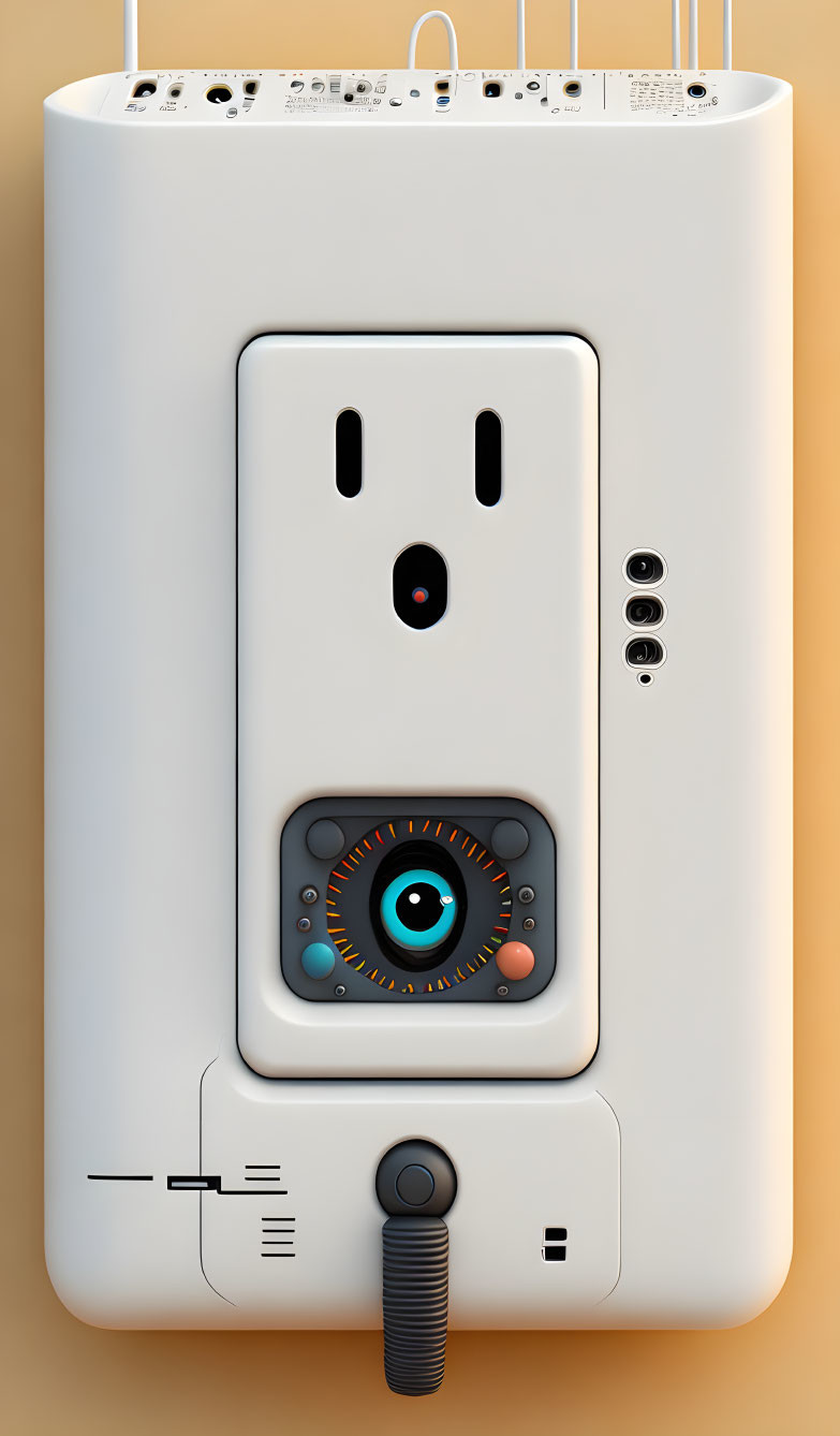 Illustration of anthropomorphic electrical device with power socket mouth and single eye on screen