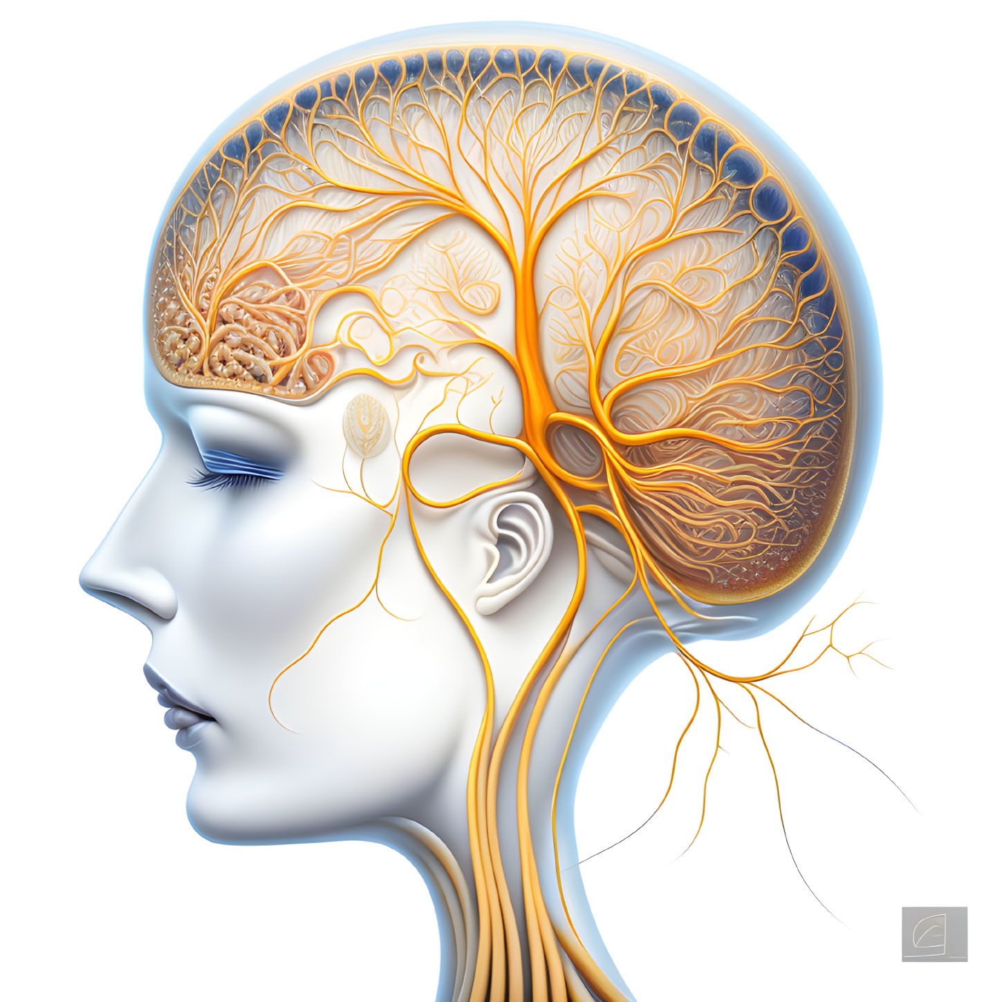 Illustration of human head with exposed brain connected to tree roots