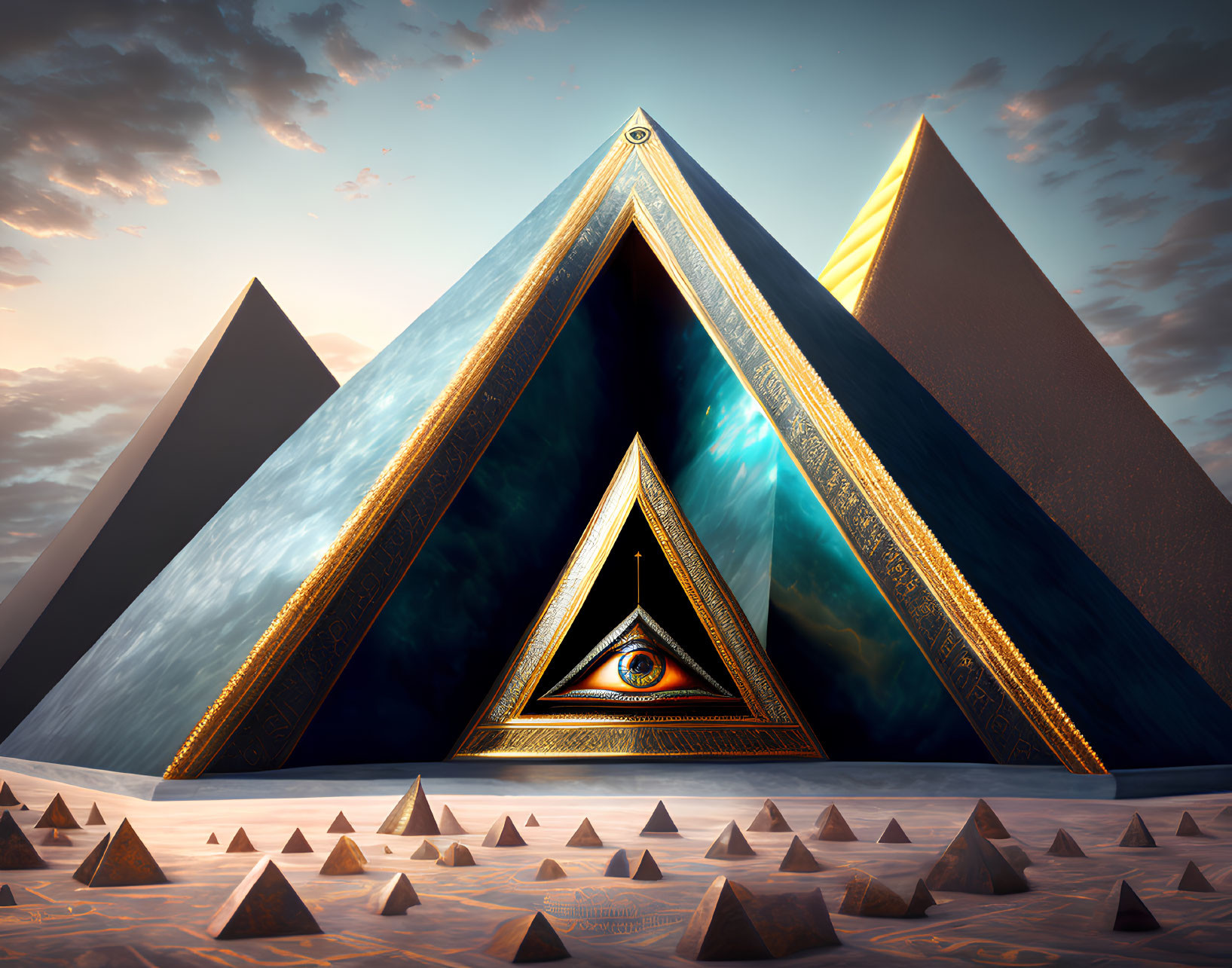 Surreal pyramid scene with illuminated eye and twilight sky