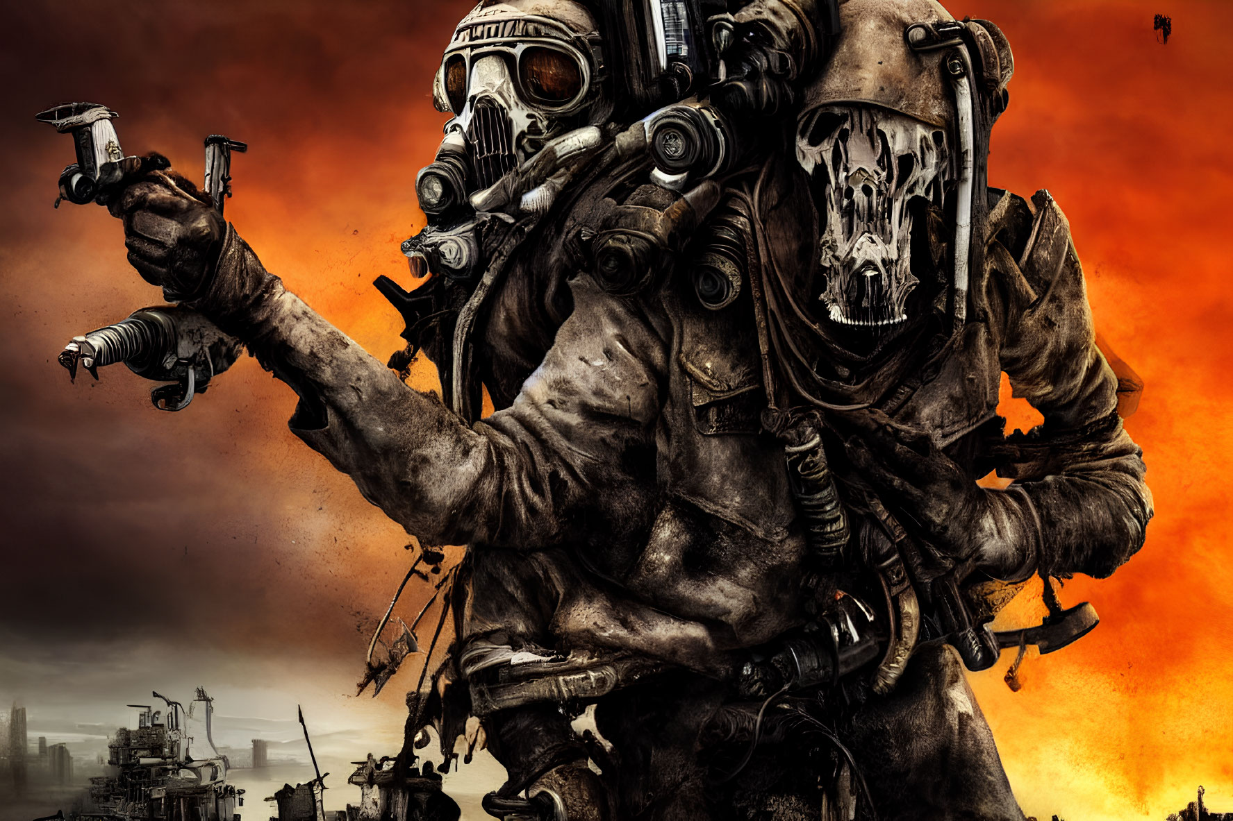 Two people in gas masks in apocalyptic setting with fiery backdrop and industrial ruins.