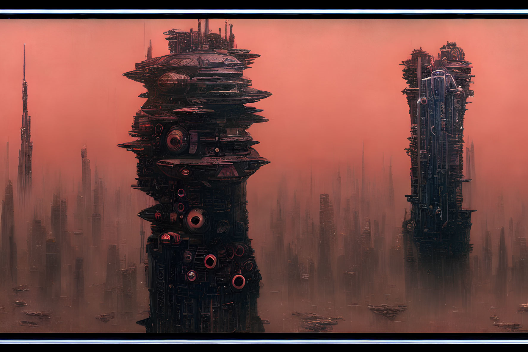 Futuristic towers in misty dystopian cityscape under red sky