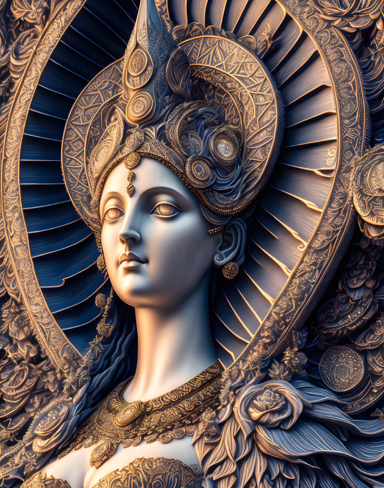 Detailed Artwork of Regal Female Figure with Ornate Headdress and Background