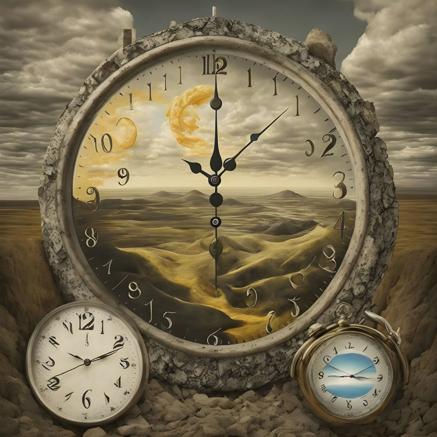 Surreal landscape with large clock face and desert scene against dramatic sky