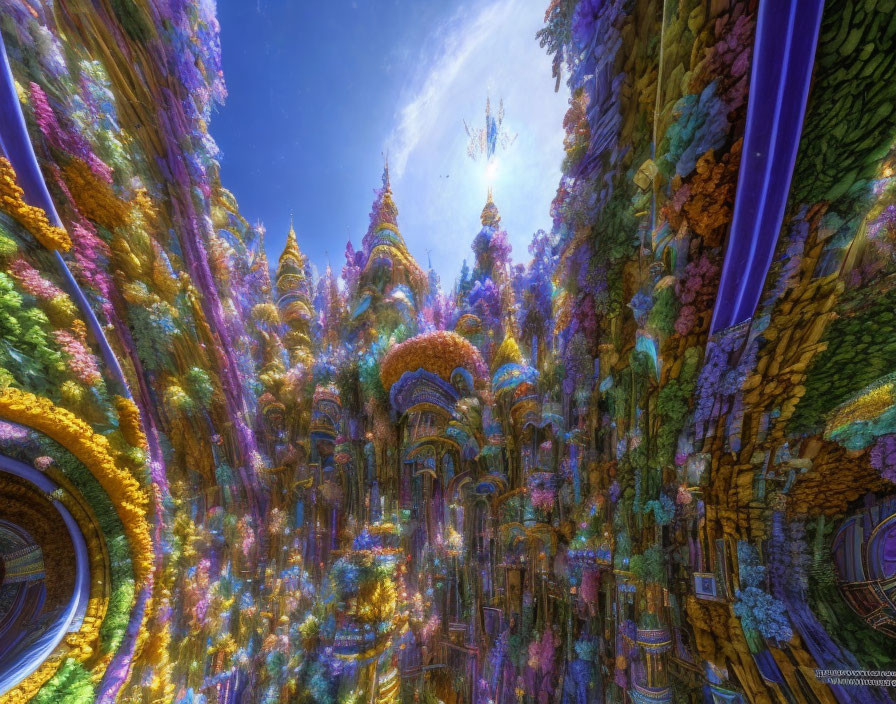 Colorful fractal landscape with towering spires and lush vegetation