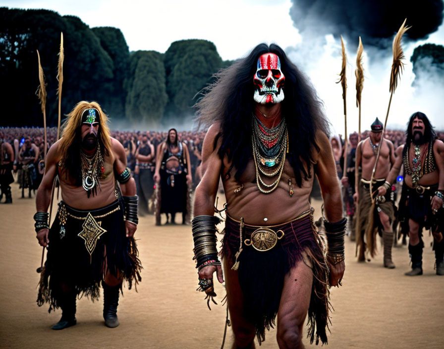 Men in tribal warrior costumes with skull face paint in smoky background