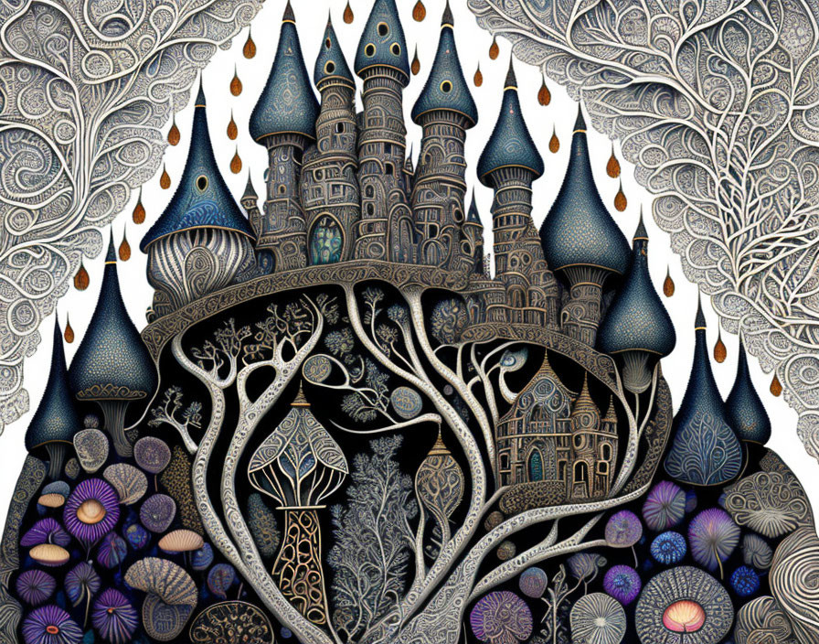 Fantastical castle with spires and stylized trees in intricate artwork