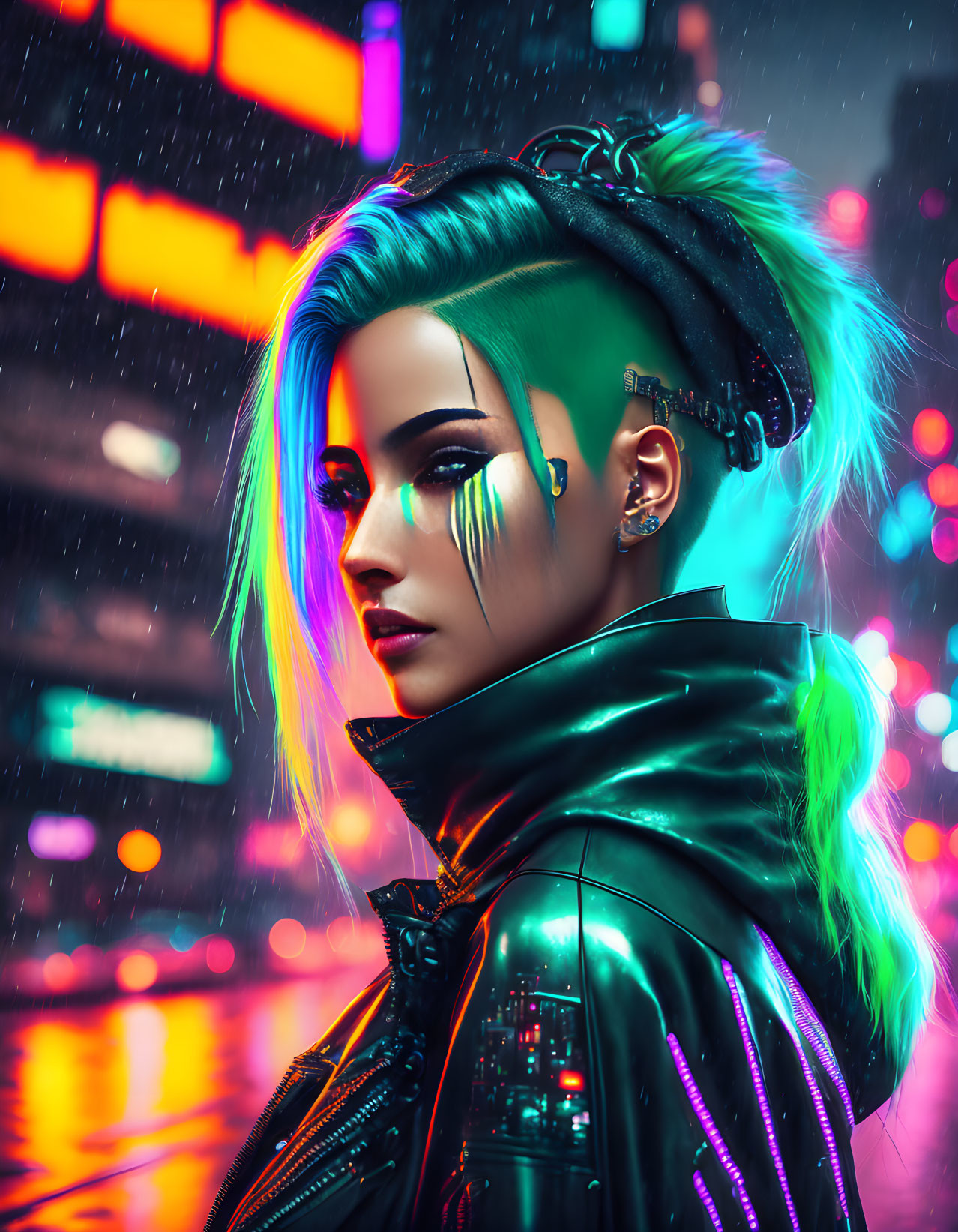 Vibrant teal hair cyberpunk woman in neon-lit cityscape at night