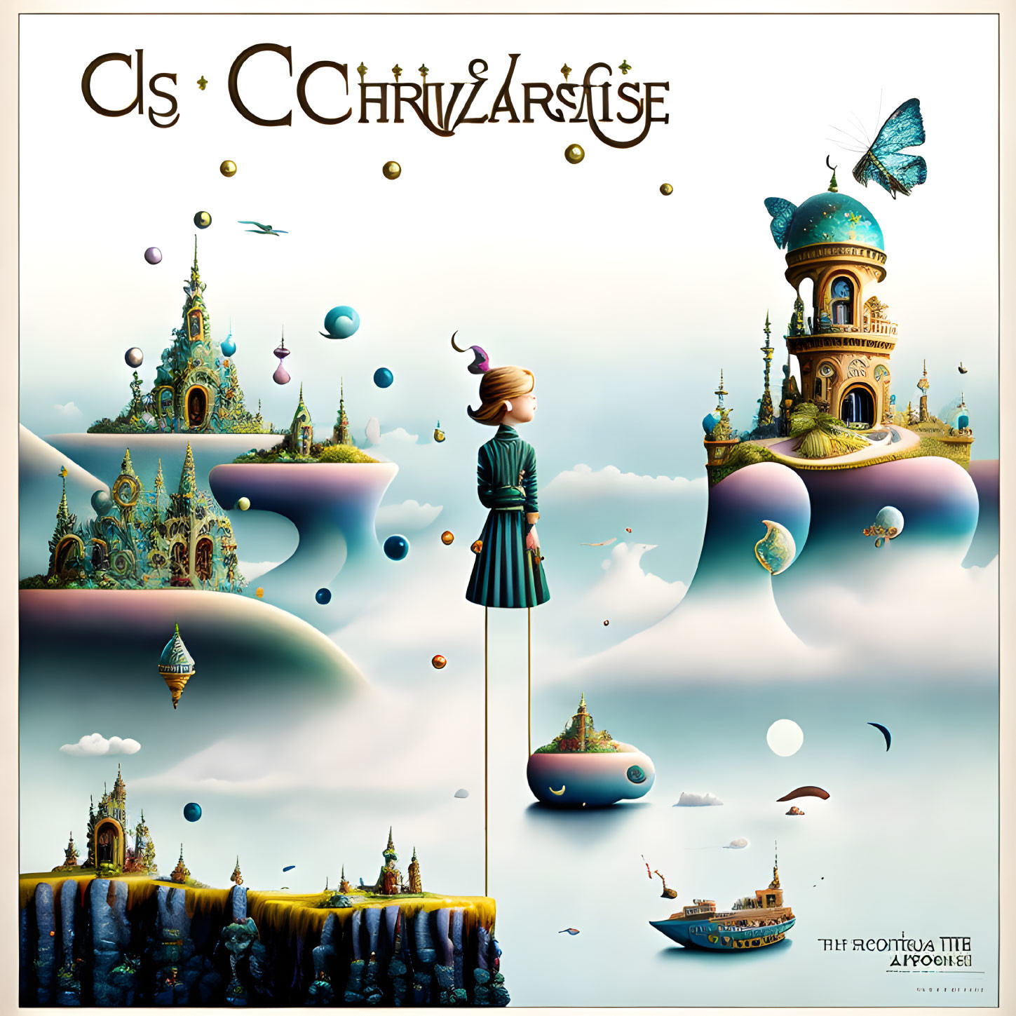 Whimsical artwork: Floating islands, girl on cloud, bird with hat