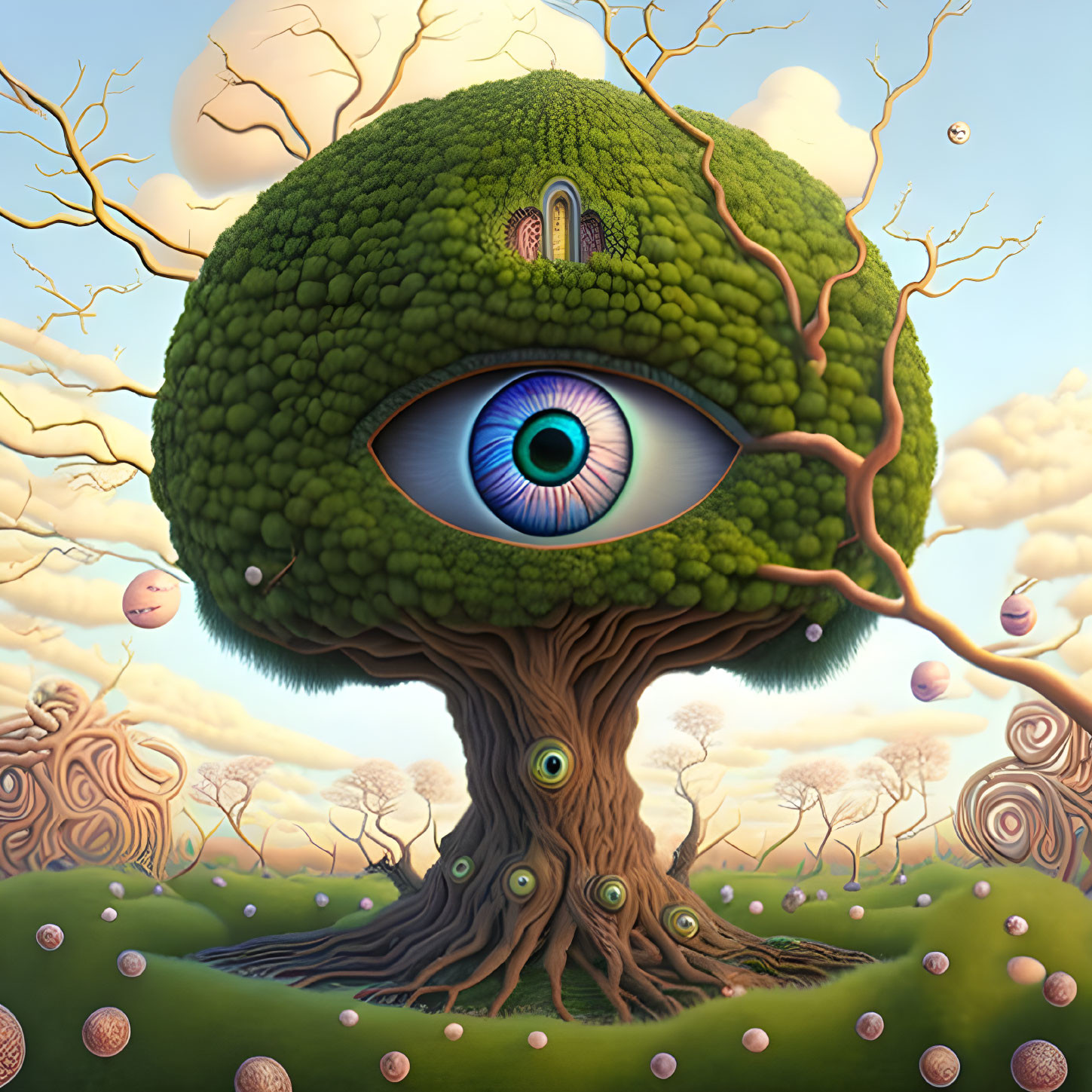 Surreal tree illustration with human-like eye in whimsical landscape