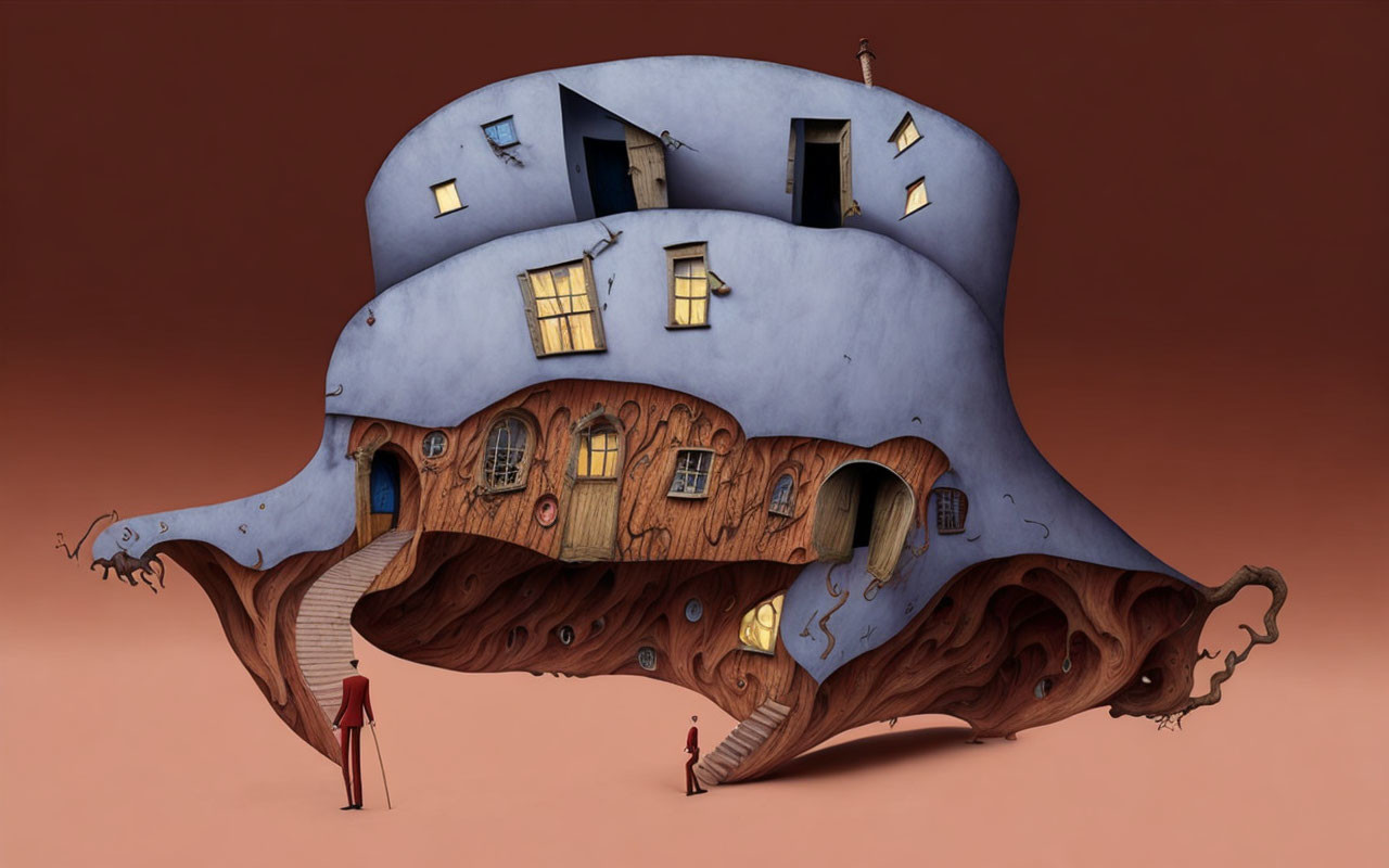 Surreal hat-shaped house illustration with figures on red background