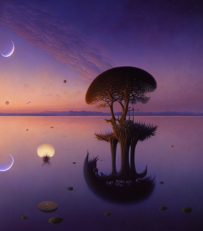 Surreal twilight landscape with lone tree on island, purple sky, crescent moon, planets