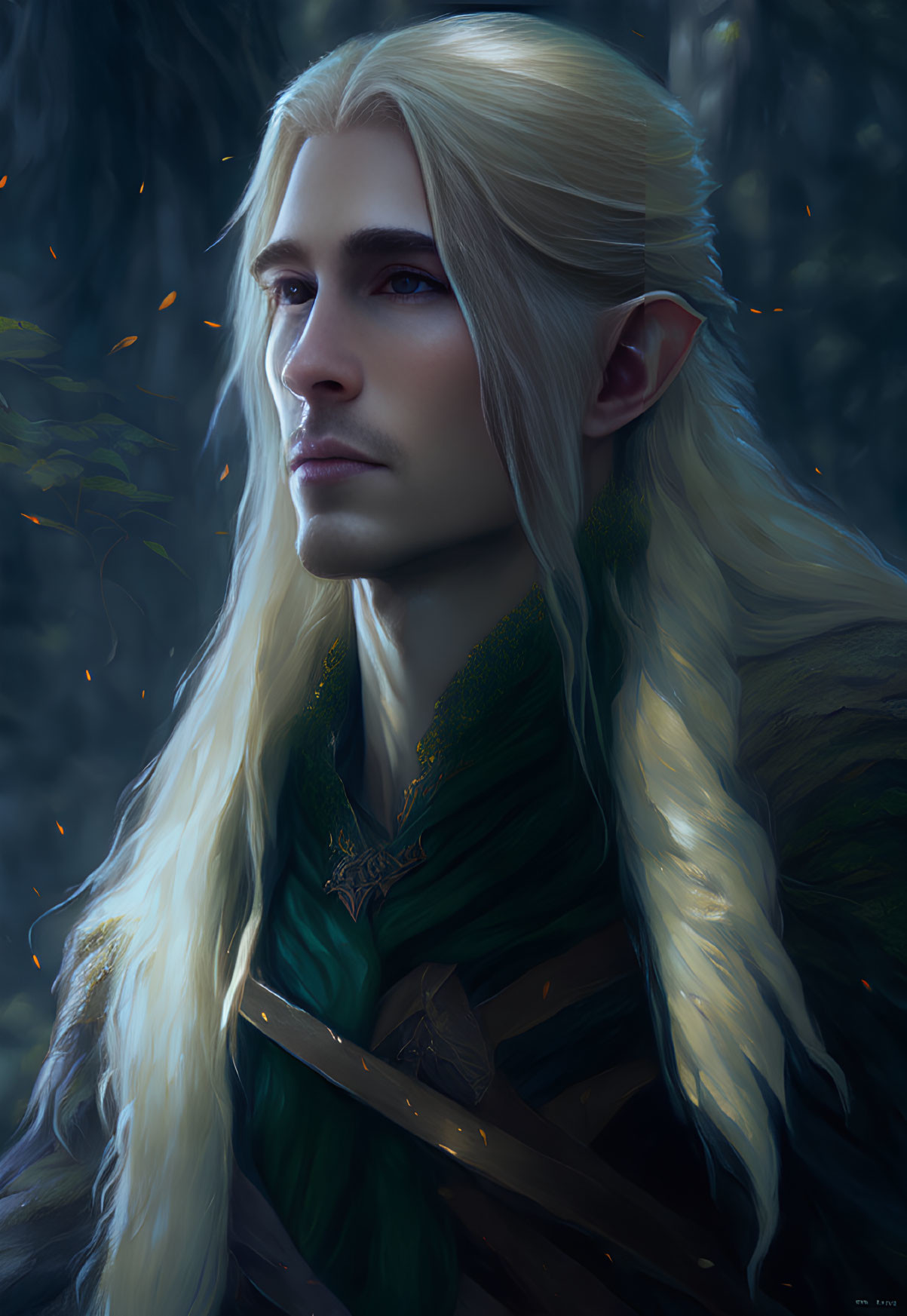 Ethereal elf with long blonde hair in twilight forest