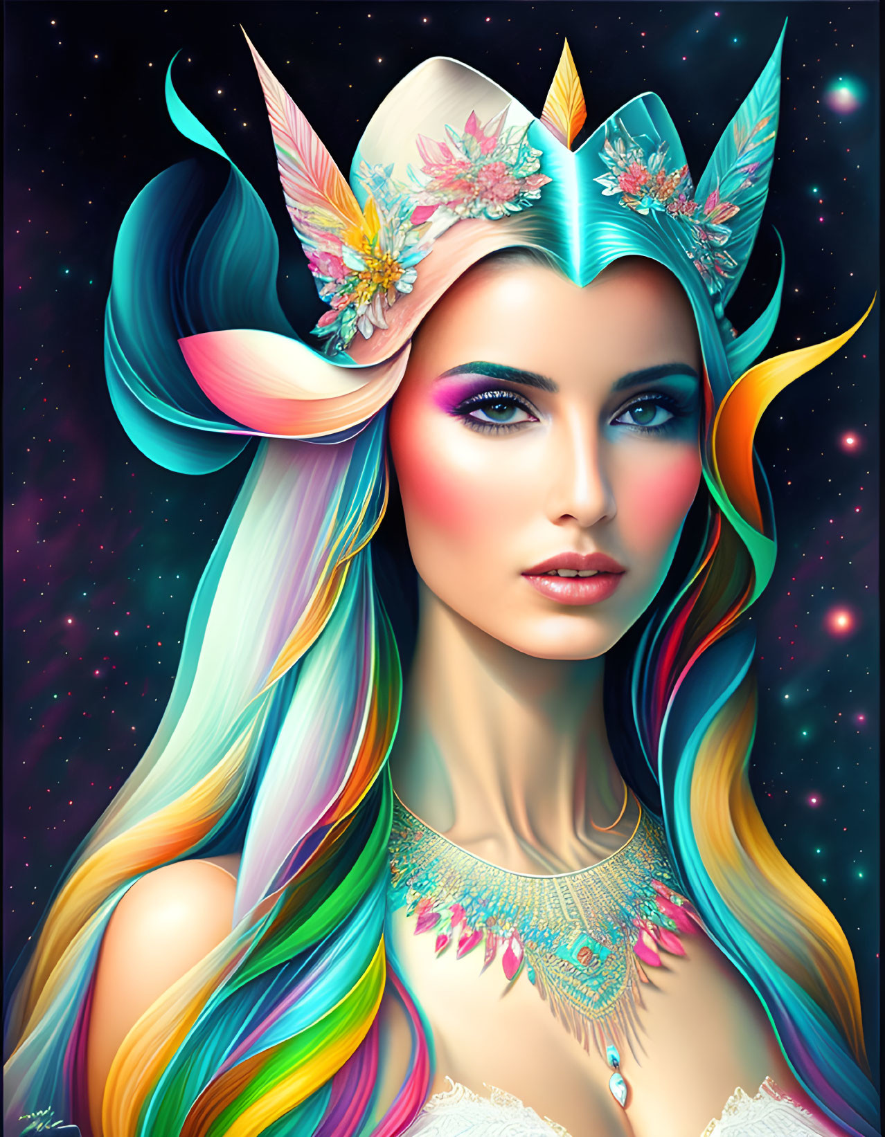 Fantasy portrait of a woman with rainbow hair and horned headpiece