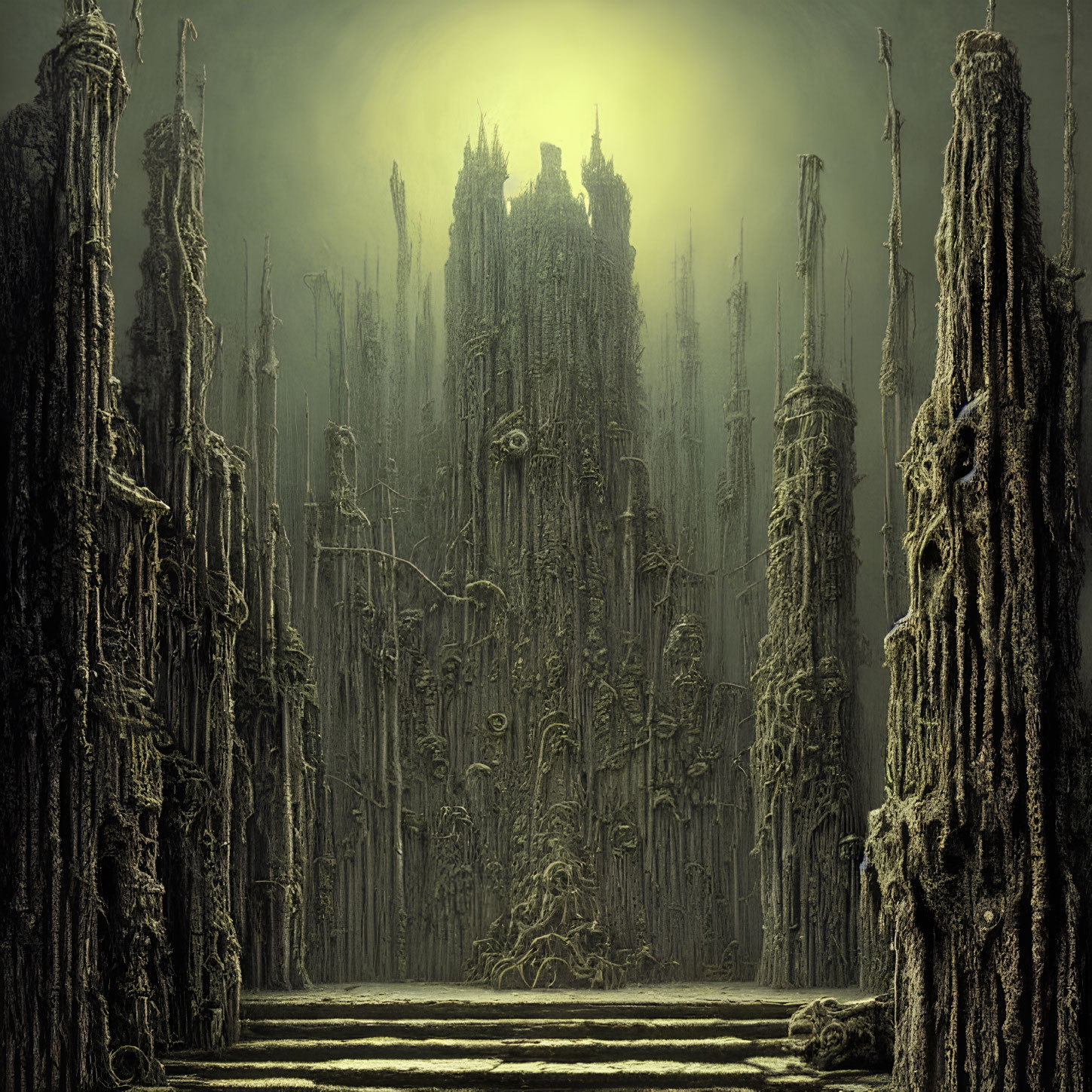 Intricate gothic cathedral crafted from gnarled trees under a murky green sky