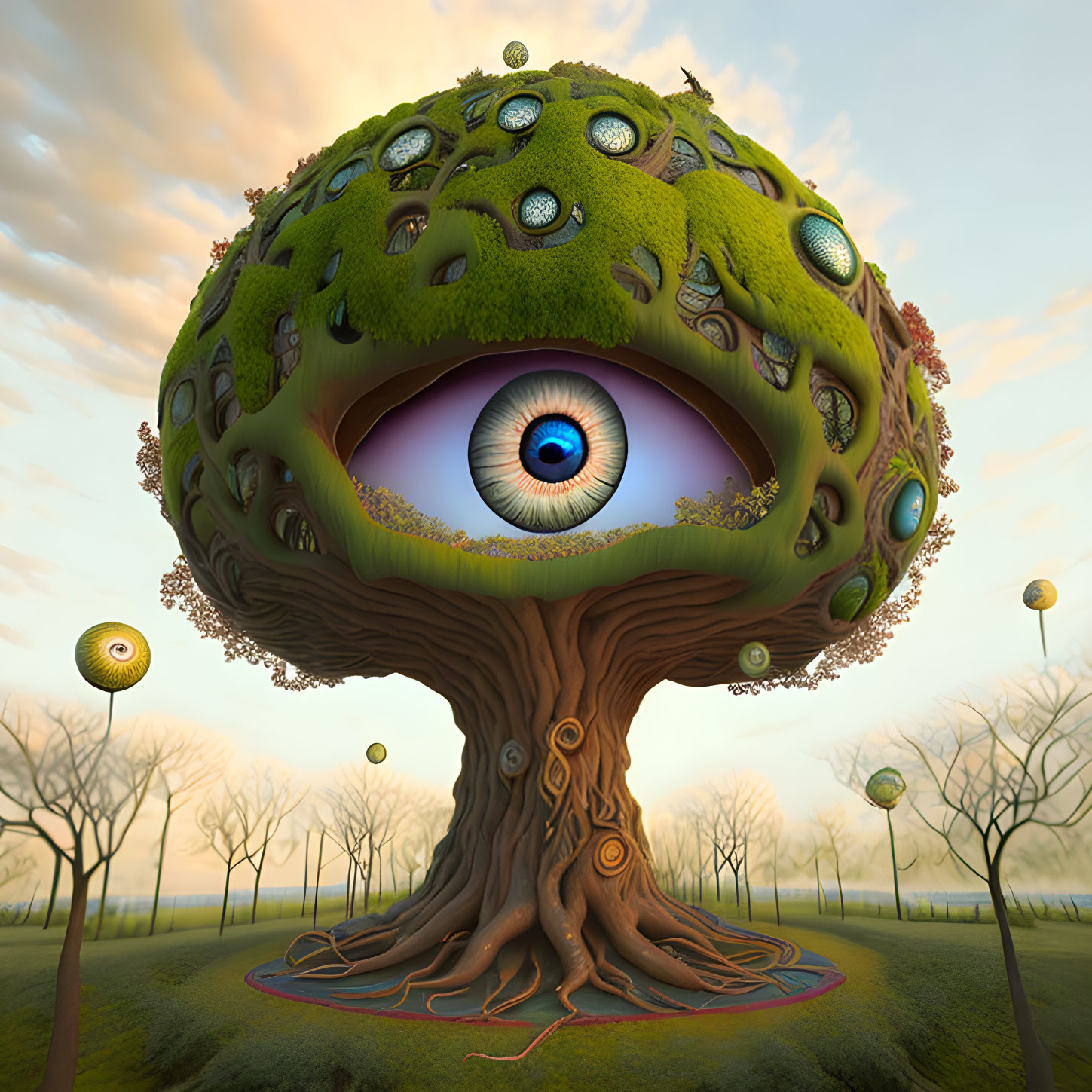 Surreal image of tree with eye canopy and orbs in twilight landscape