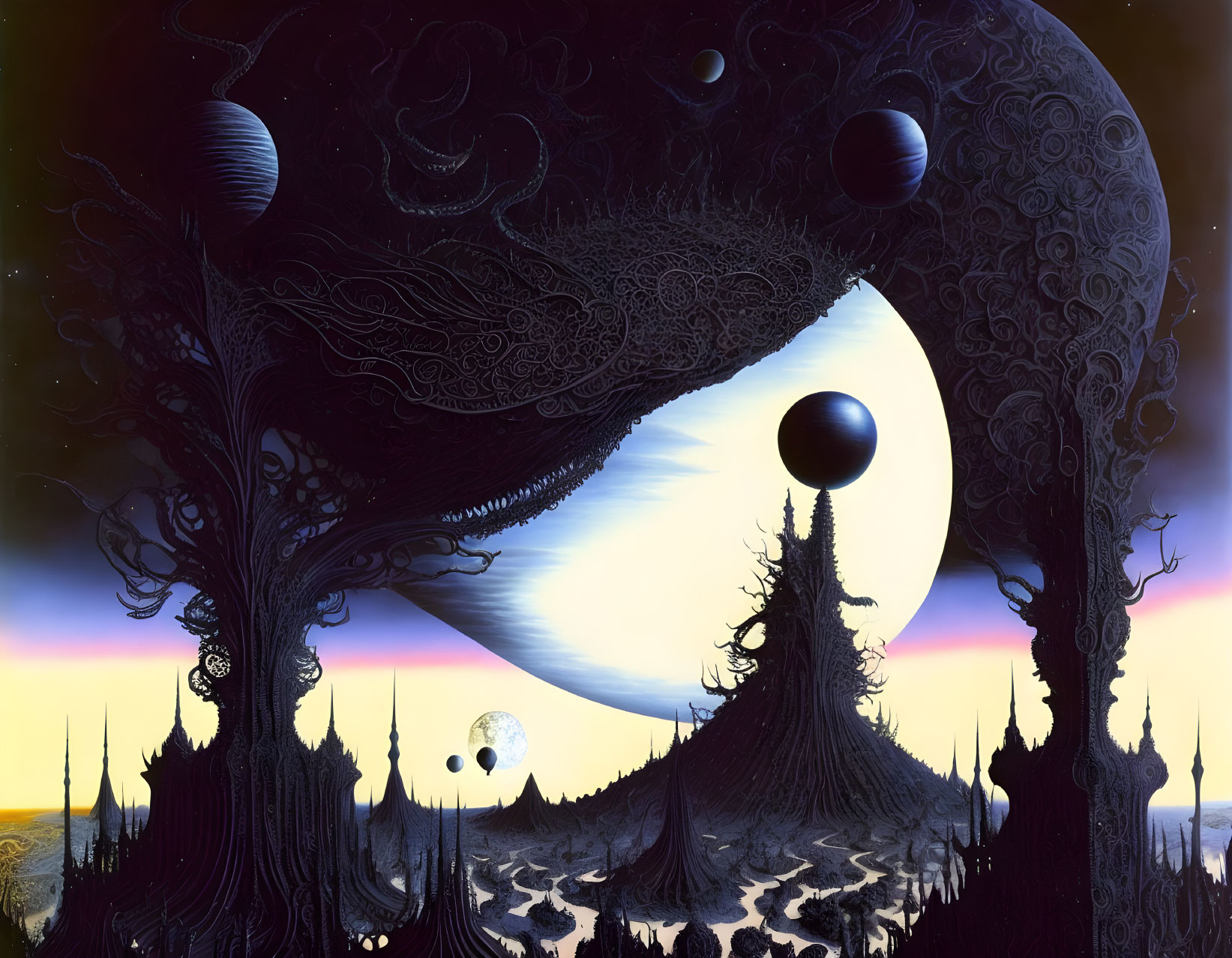 Surreal Landscape with Trees, Spired Structures, and Celestial Orbs