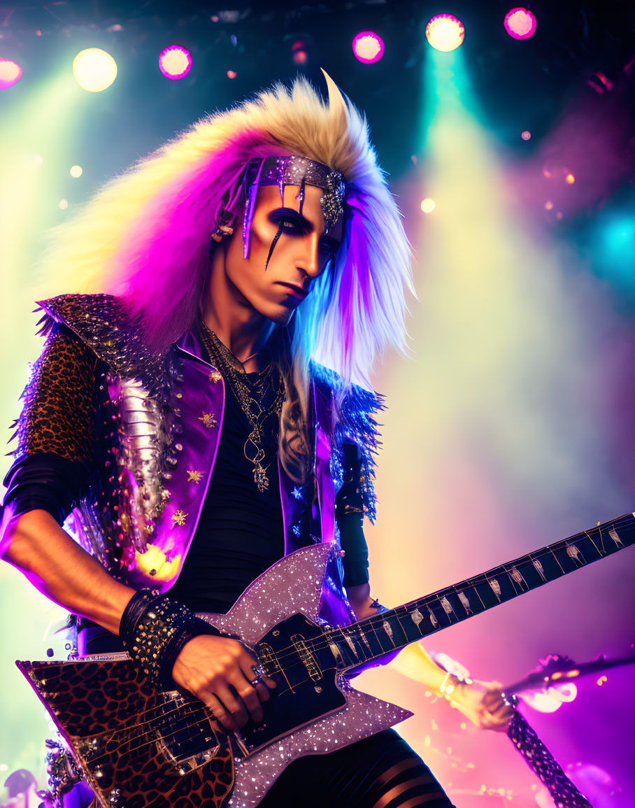 Glam Rock Musician with Spiked Shoulder Pads and Star-Patterned Guitar