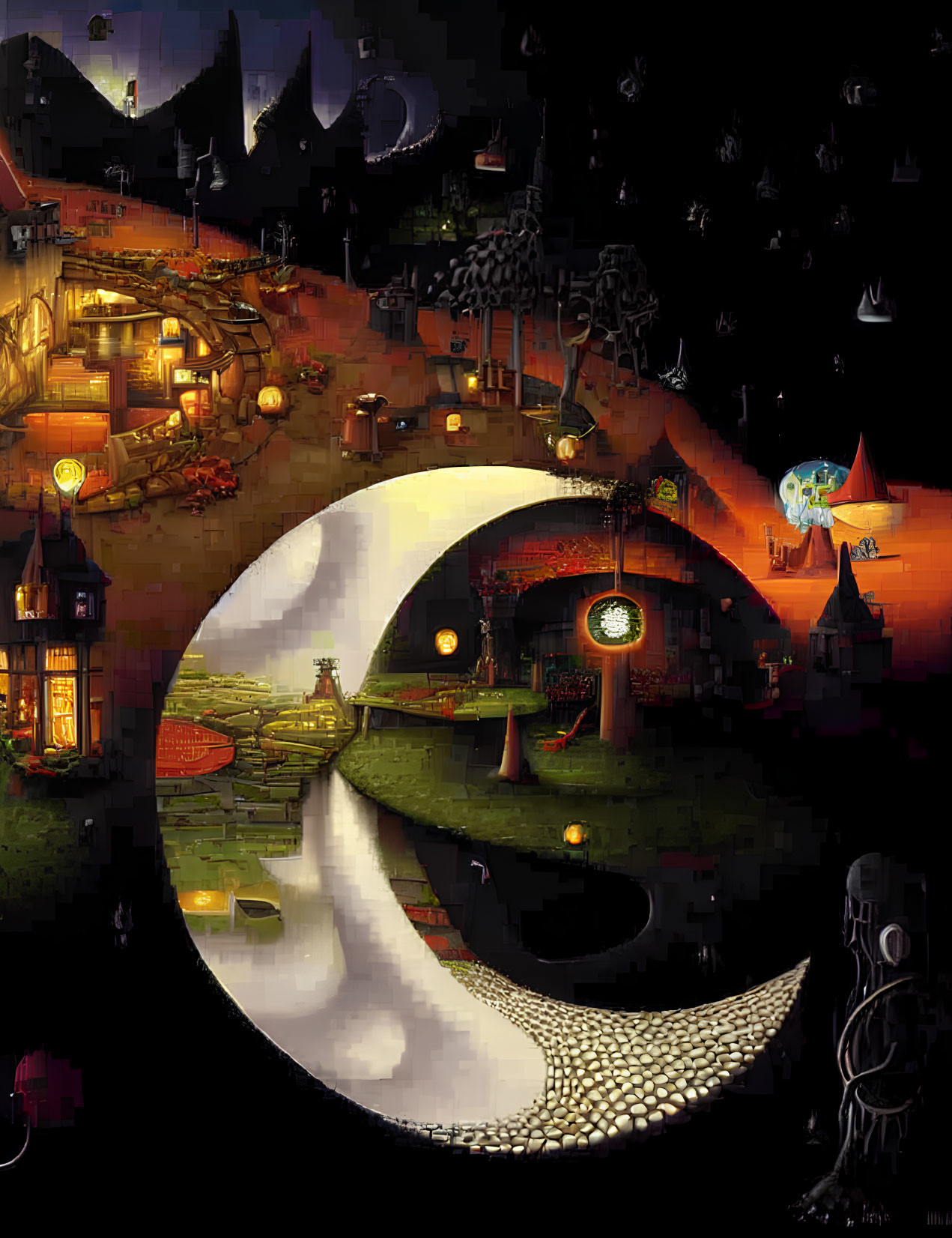 Fantasy scene: Yin-Yang symbol divides dark, haunted world from bright, peaceful realm