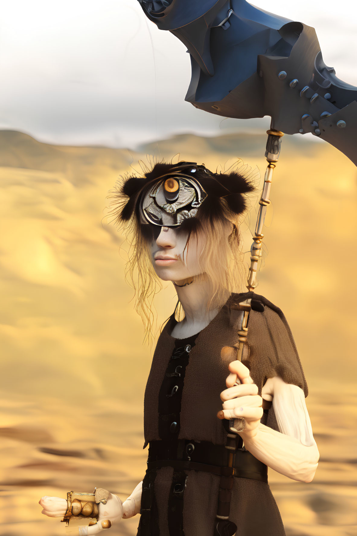 Person in desert landscape with eye design hat and mechanical staff.