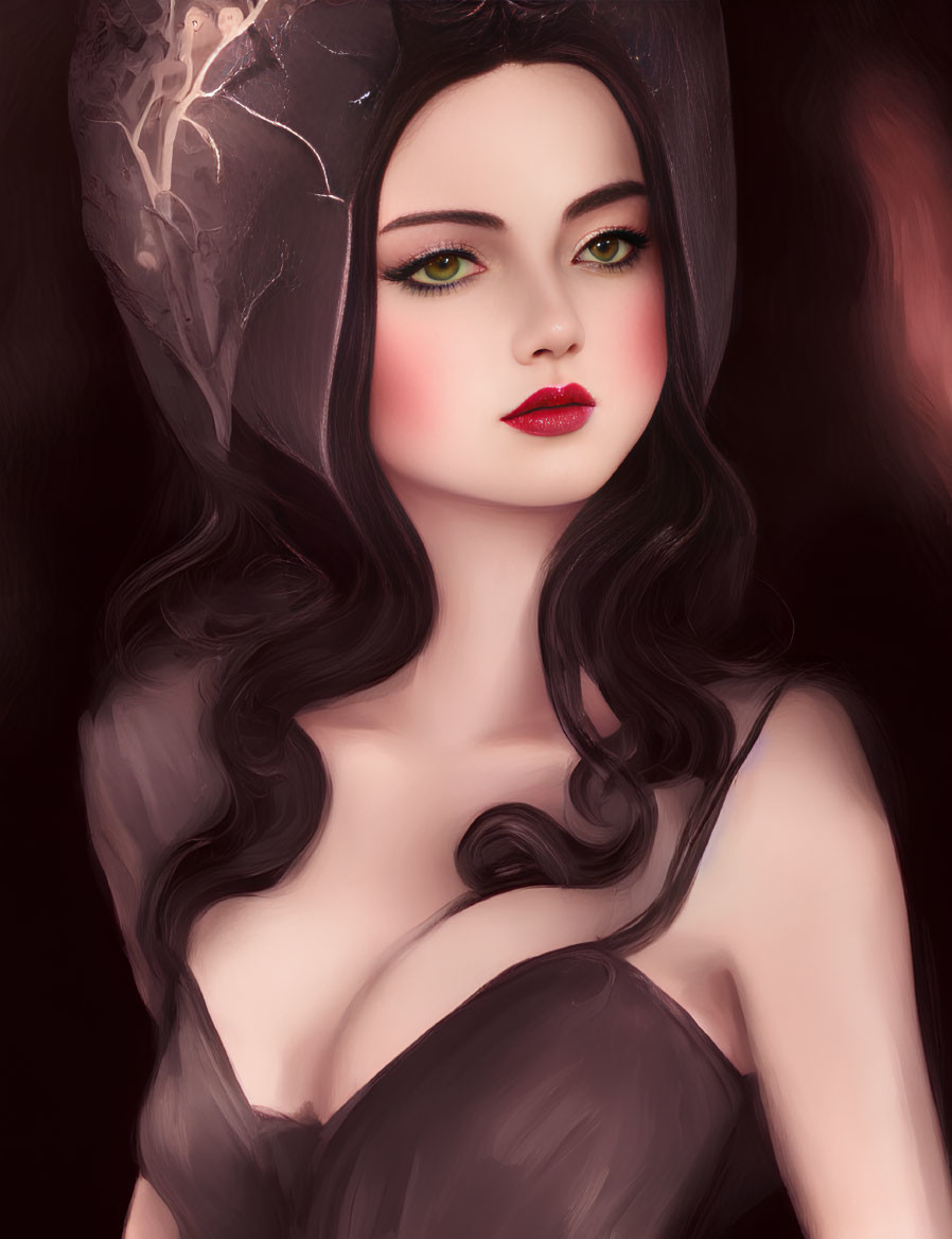 Digital Artwork: Woman with Green Eyes and Red Lips in Translucent Veil