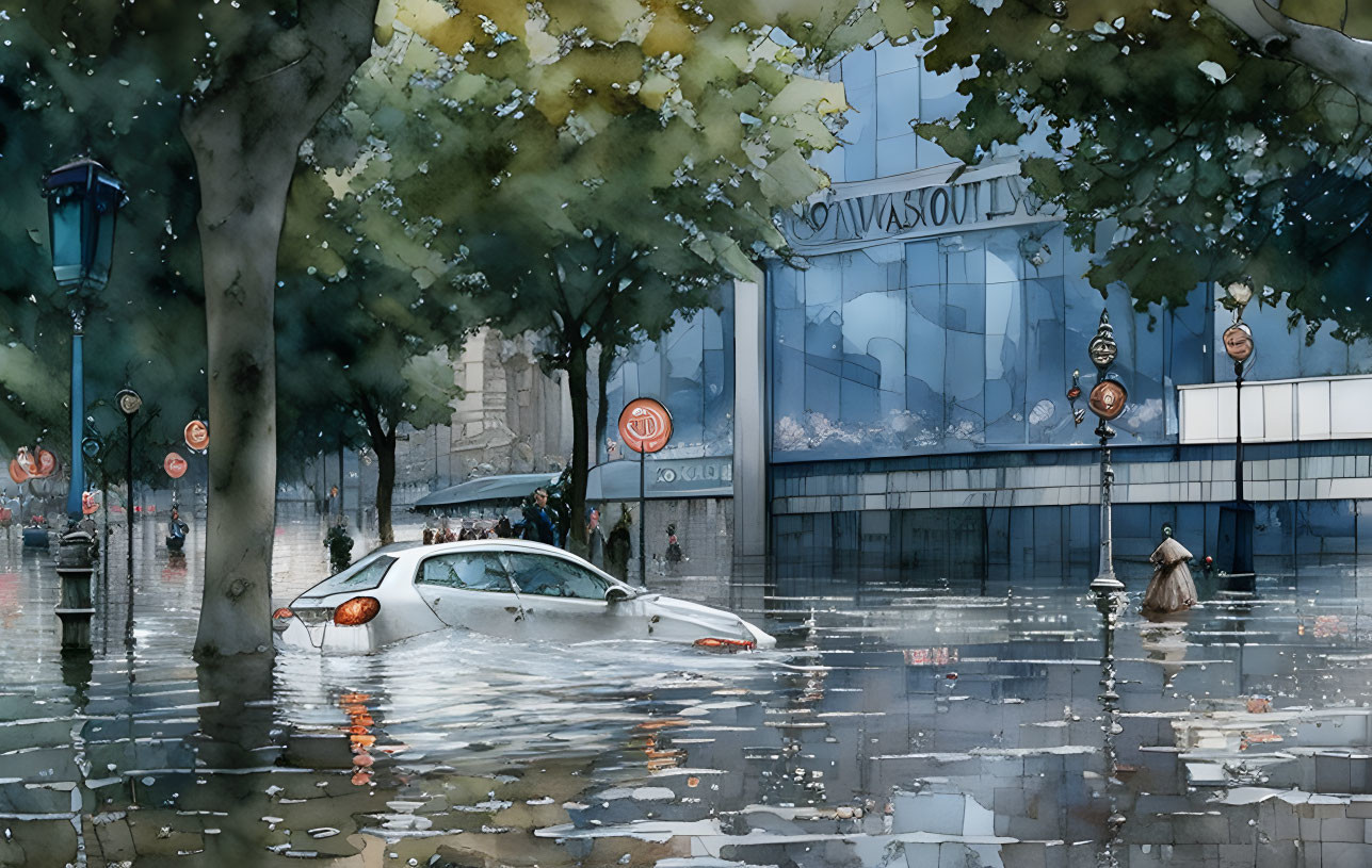 Urban street scene watercolor painting on a rainy day with pedestrians and submerged car.