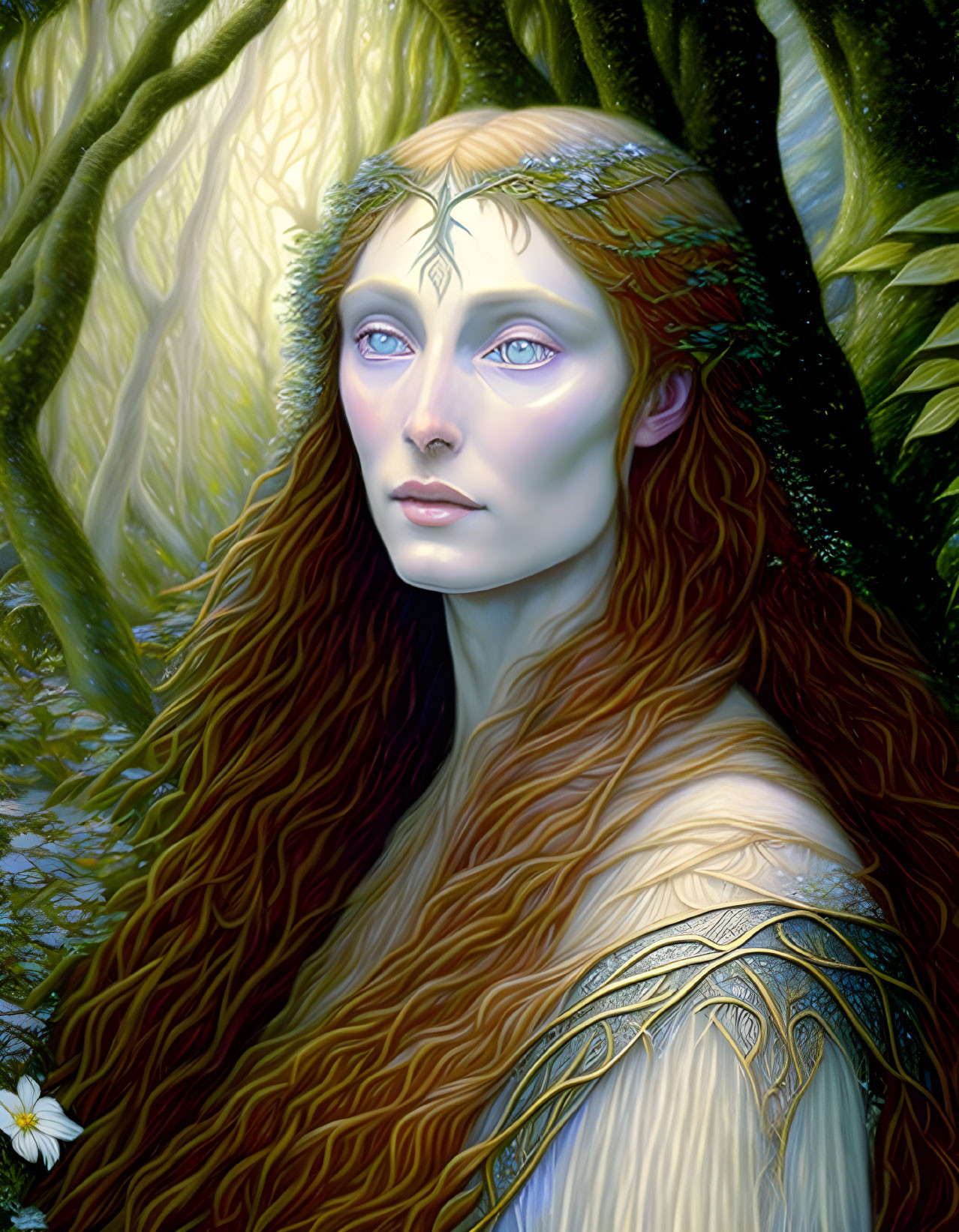 Detailed illustration of mythical female figure with auburn hair, leaf crown, and golden shoulder piece in