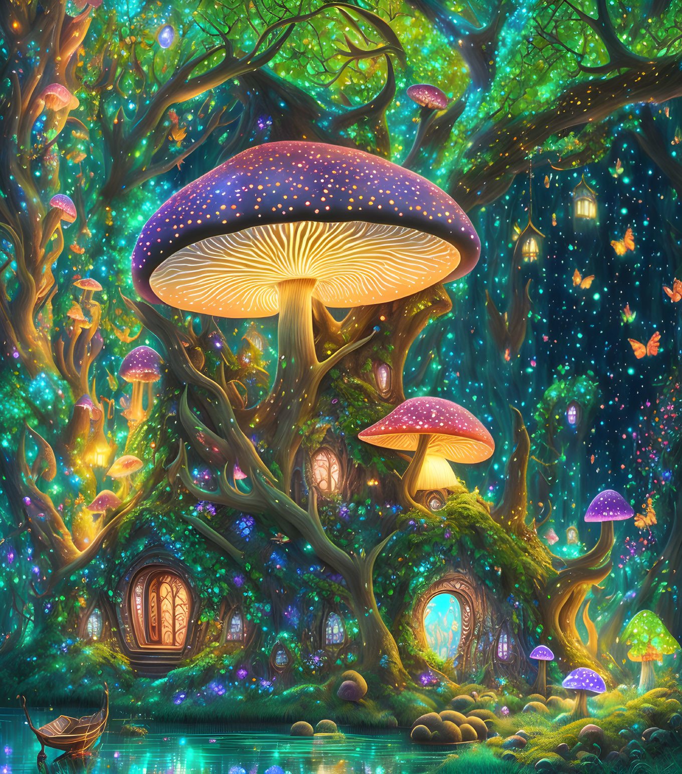 Enchanting forest with oversized mushrooms, mystical treehouses, and serene river