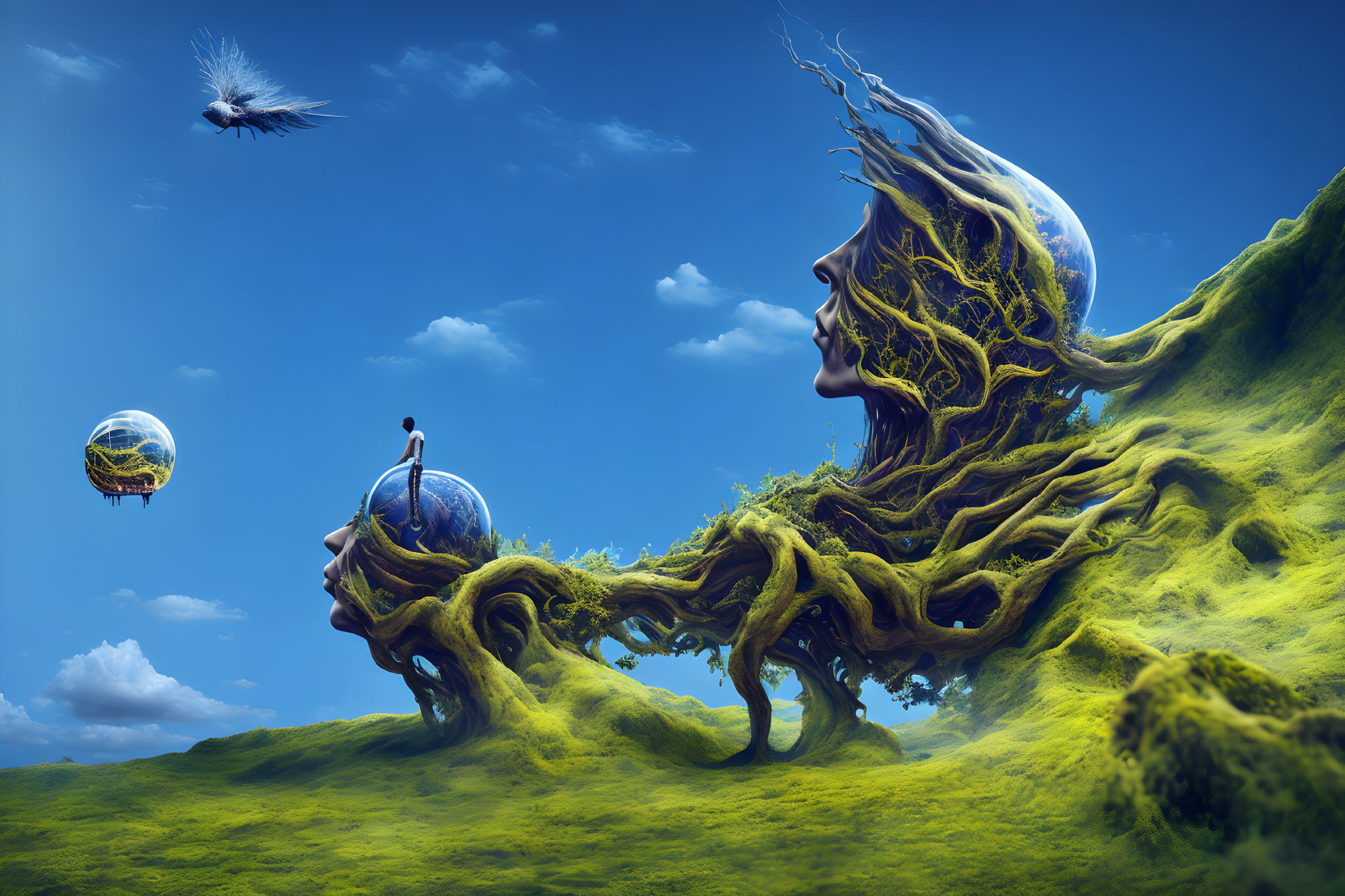 Fantastical landscape with human-like hills, mossy textures, floating islands, and bird in blue