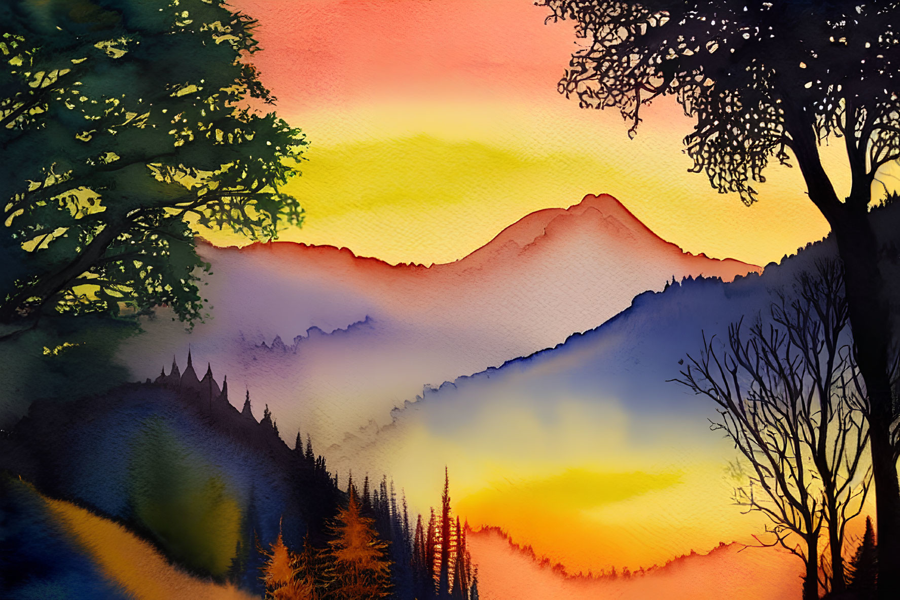 Mountainous Landscape Watercolor Painting: Sunset Silhouette with Graded Sky