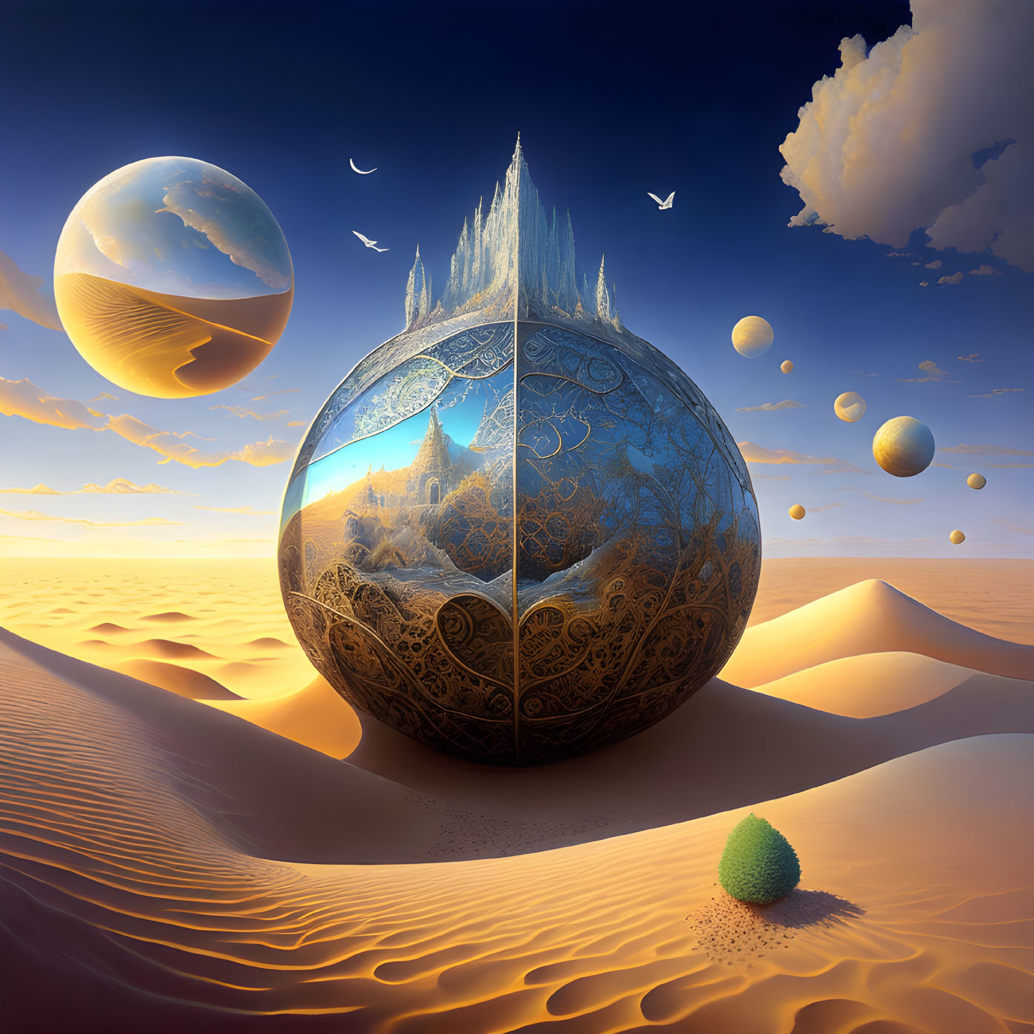 Fantastical landscape with floating orbs, frozen castle, birds, and sand dunes