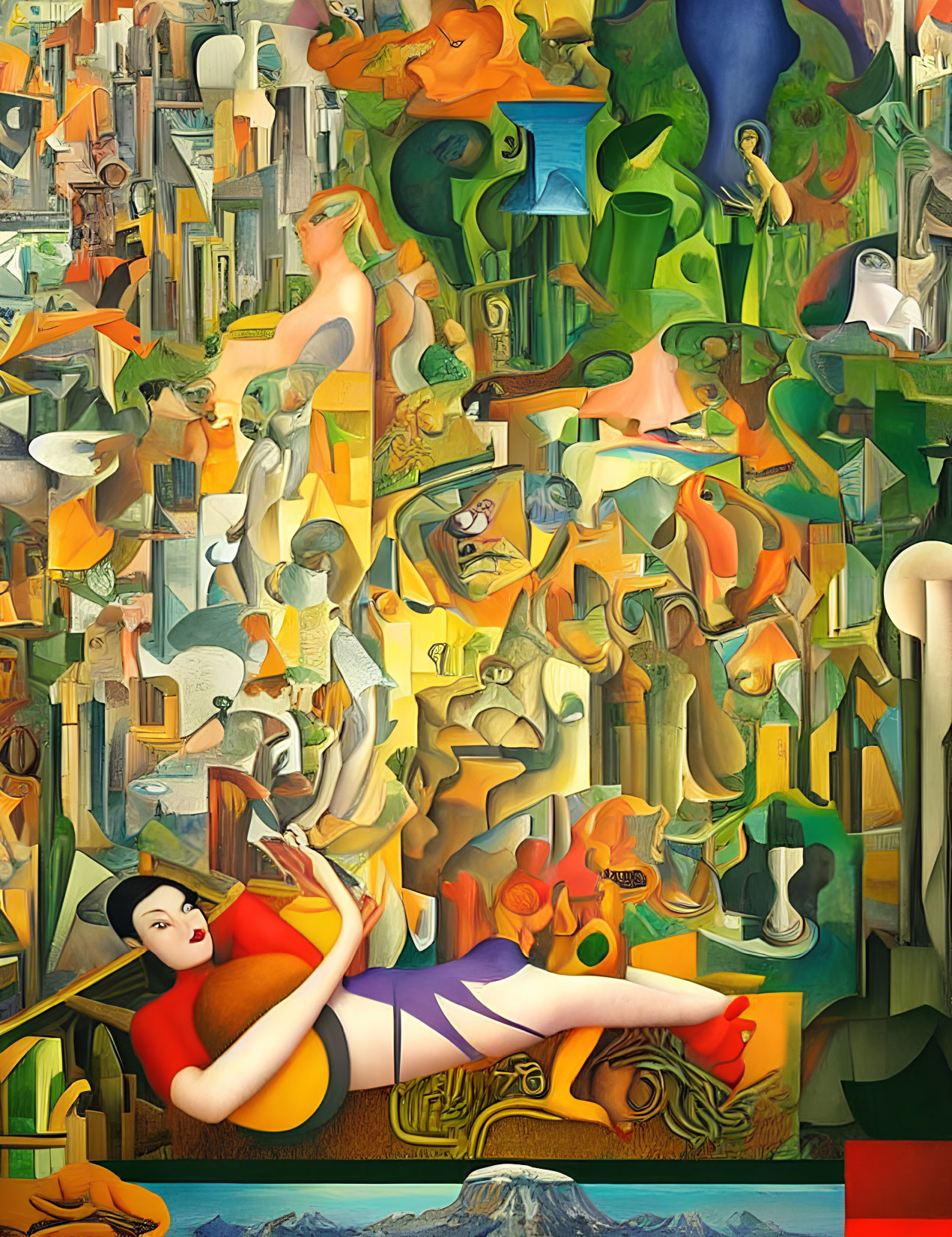 Colorful surrealistic montage featuring lounging woman and abstract elements