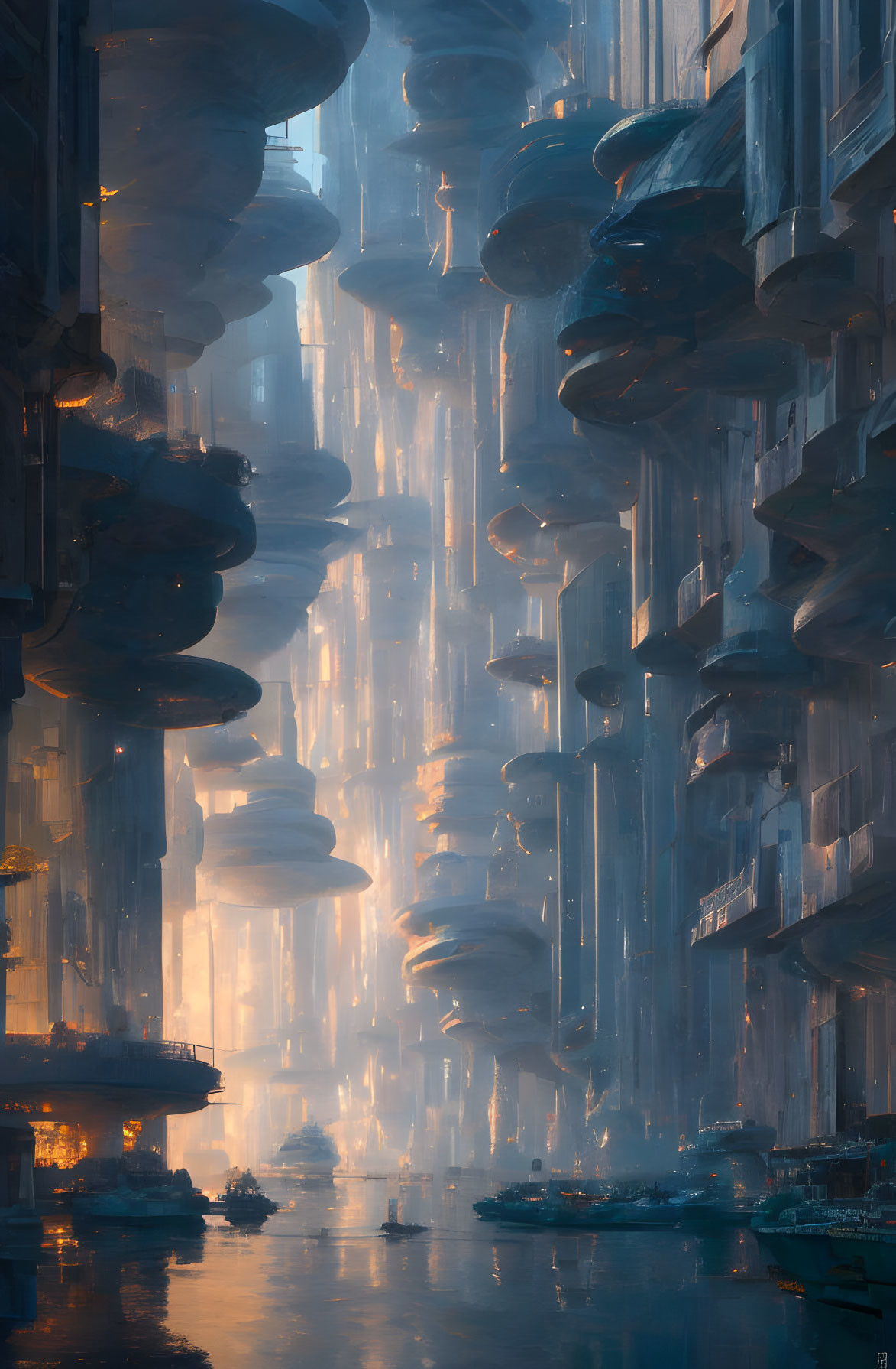 Futuristic cityscape with towering structures and floating vessels