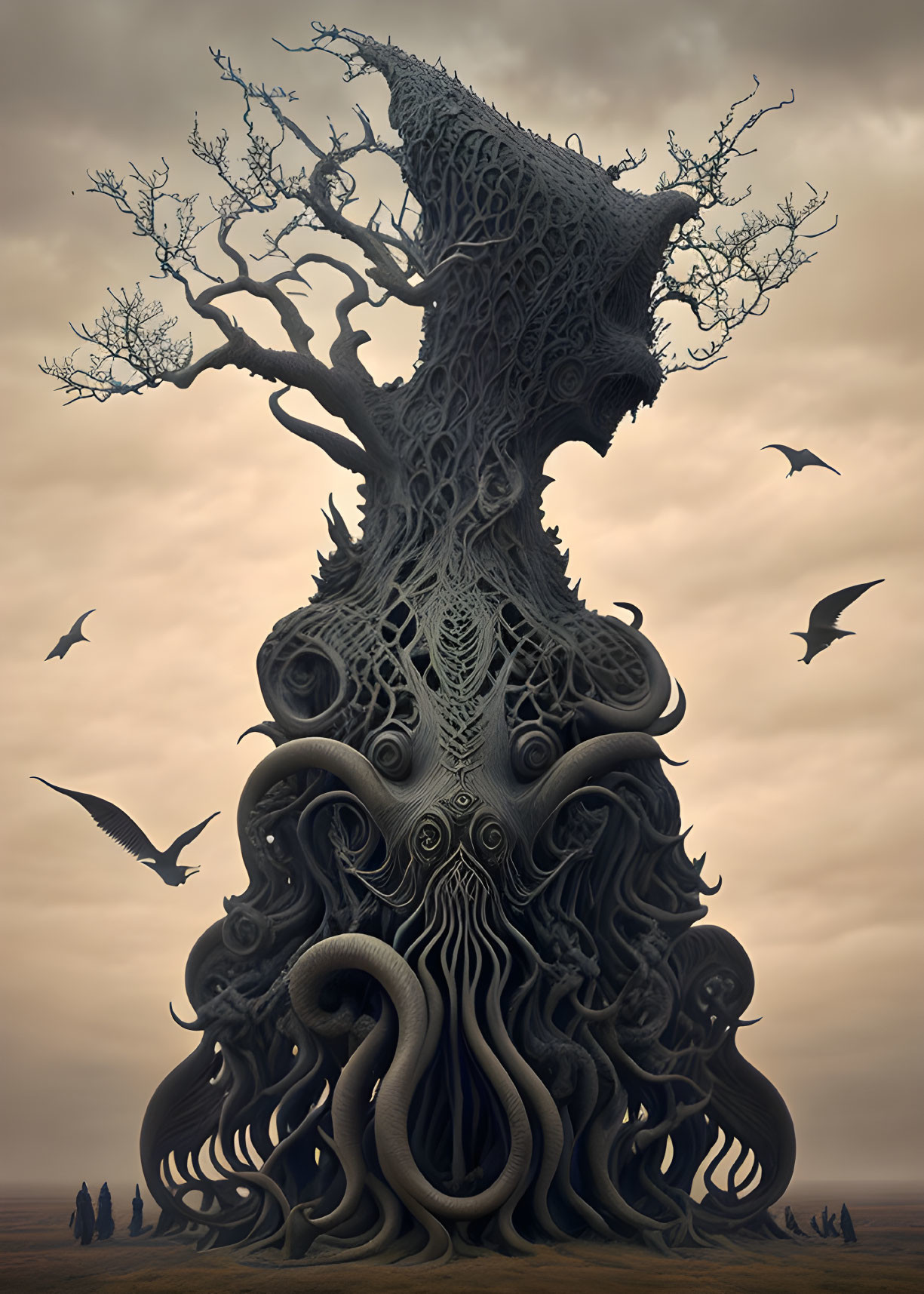 Surreal image of detailed tree with tentacle-like roots, birds, and silhouettes.