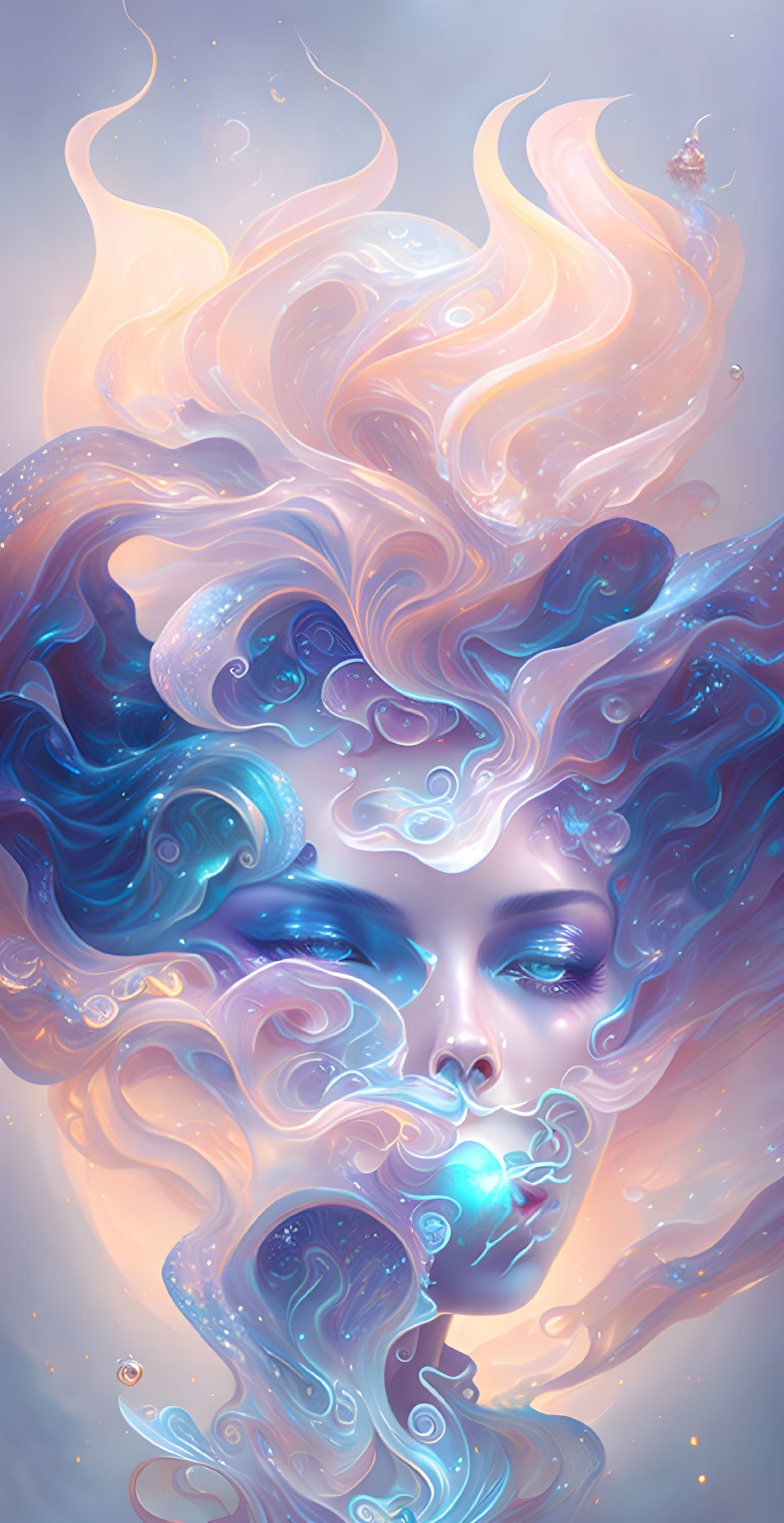 Whimsical digital artwork of woman's face with swirling pastel elements