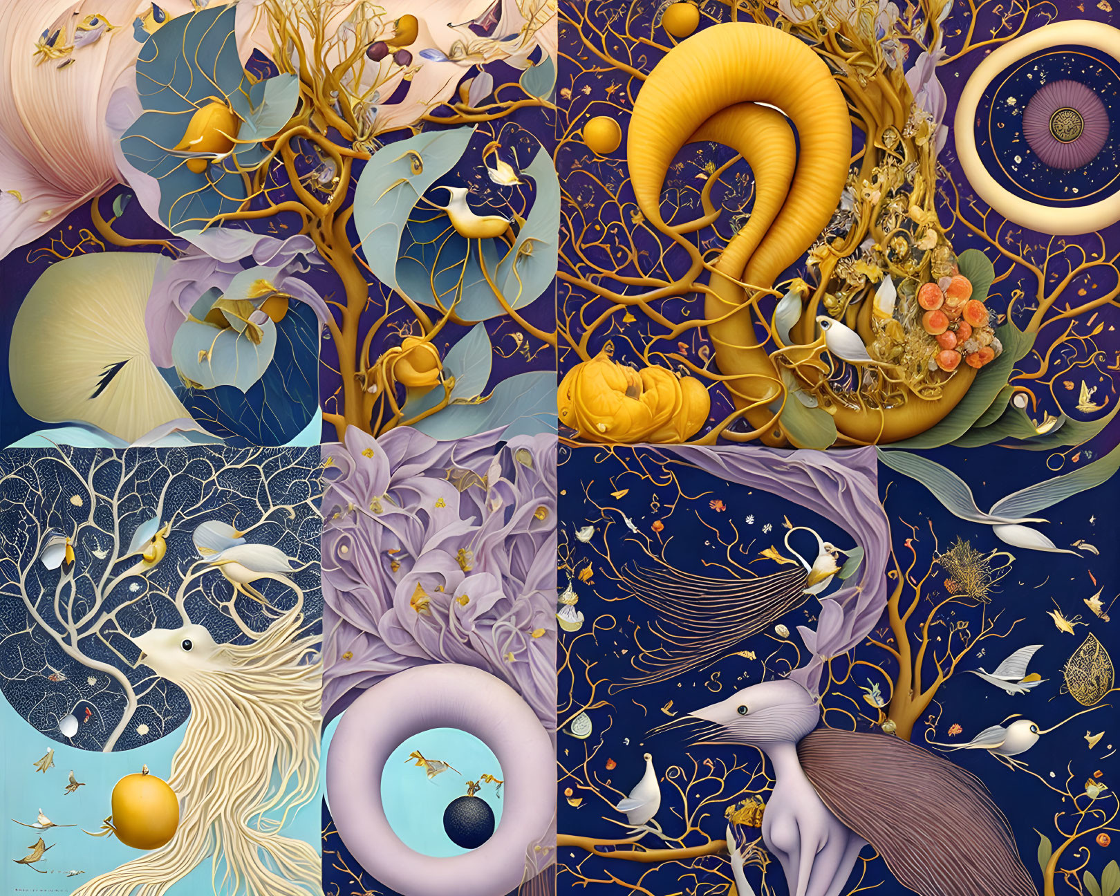 Detailed illustrations of whimsical scenes with trees, birds, eyes, and celestial elements in golden and blue